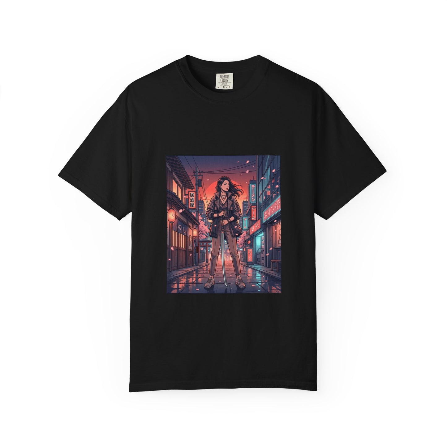 Cyberpunk Night Streets T‑Shirt — Neon Samurai Girl Graphic Tee