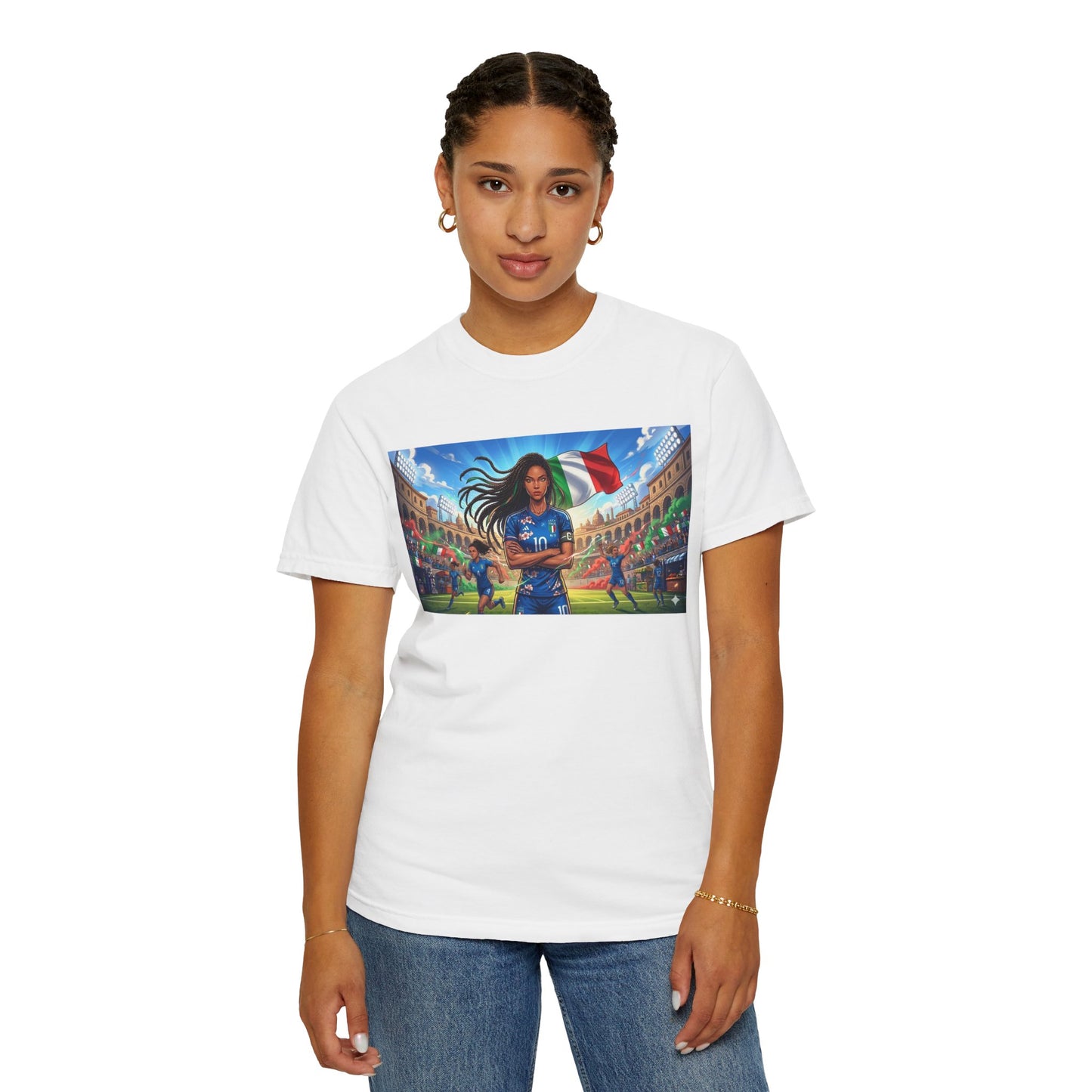 Italian Soccer Fan T‑Shirt – Inspirational Female Player with Italy Flag Stadium Print