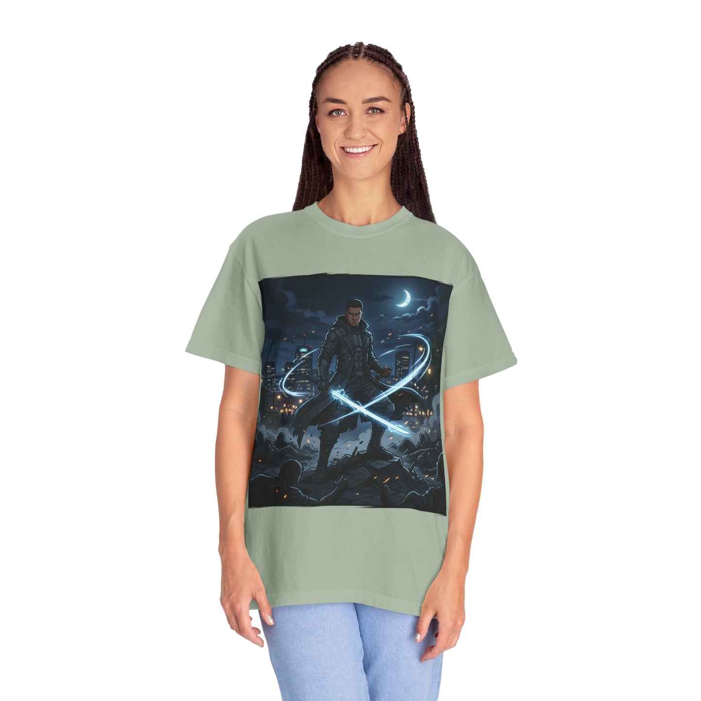 Urban Night Warrior T-Shirt — Neon Samurai Cityscape