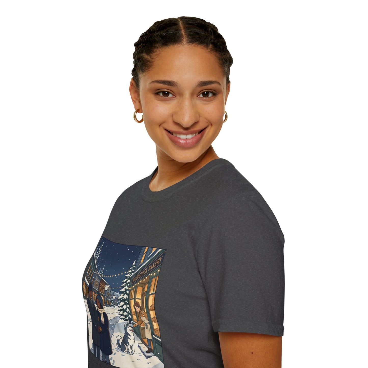 Winter String Lights Stroll T-Shirt — Cozy Holiday Street Scene Graphic Tee