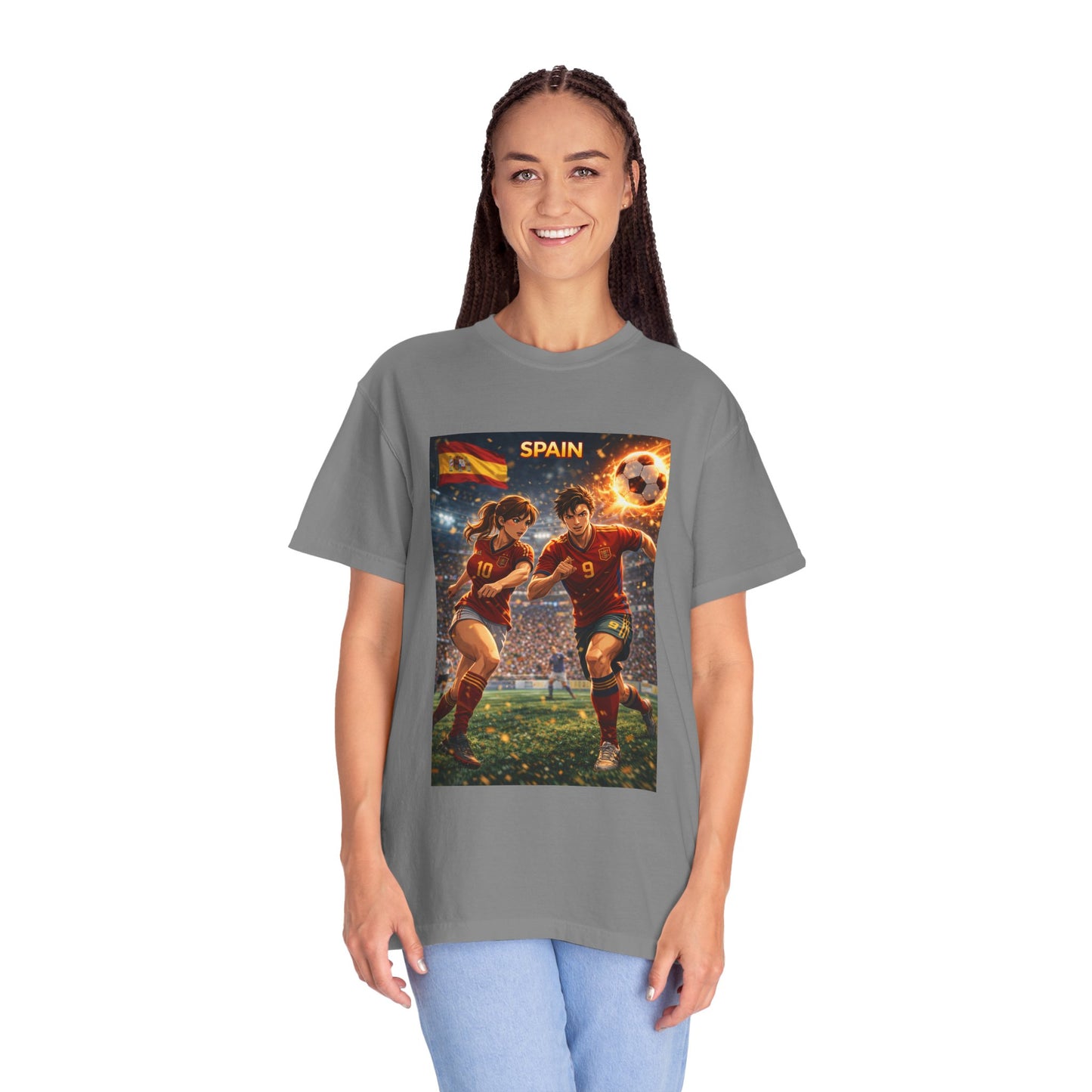 Spain Soccer Graphic T-Shirt — Retro Match Scene with Flag