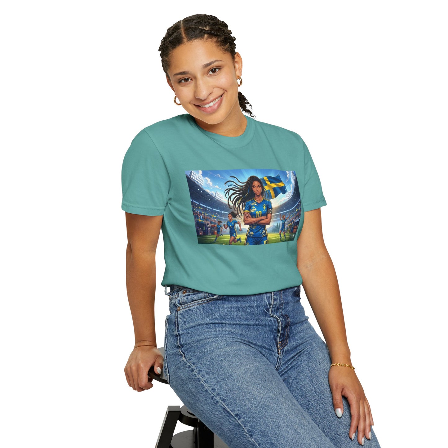 Swedish Soccer Pride T-Shirt — Female Footballer with Flag Stadium Design