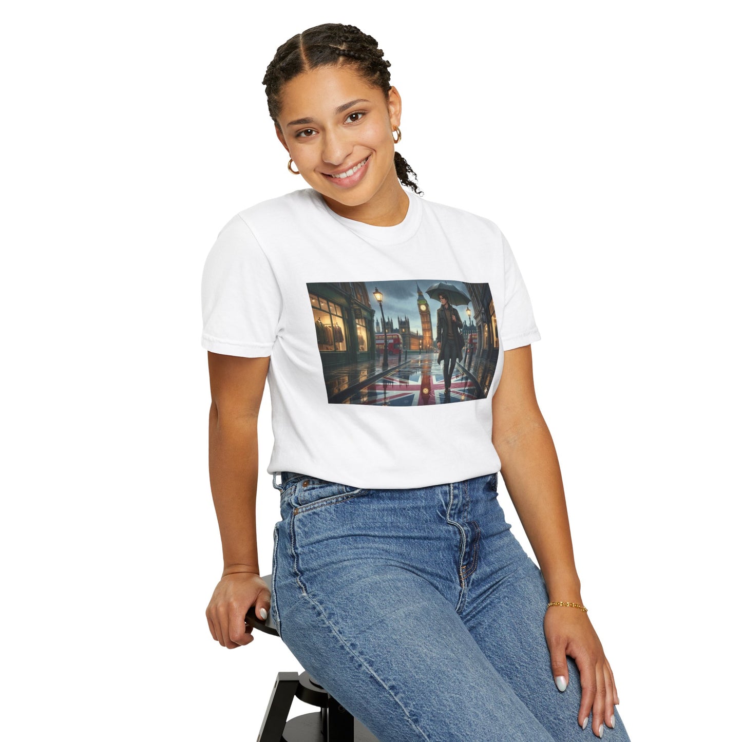 T-Shirt — Rainy London Street Scene Graphic Tee (Big Ben, Umbrella, Night Cityscape)