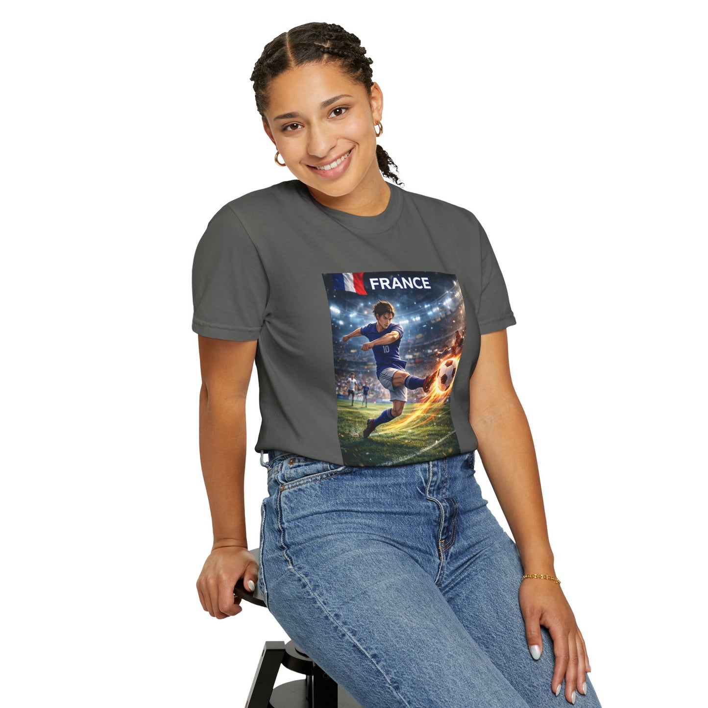 France Soccer Player Graphic T-Shirt — Football Kick Stadium Design