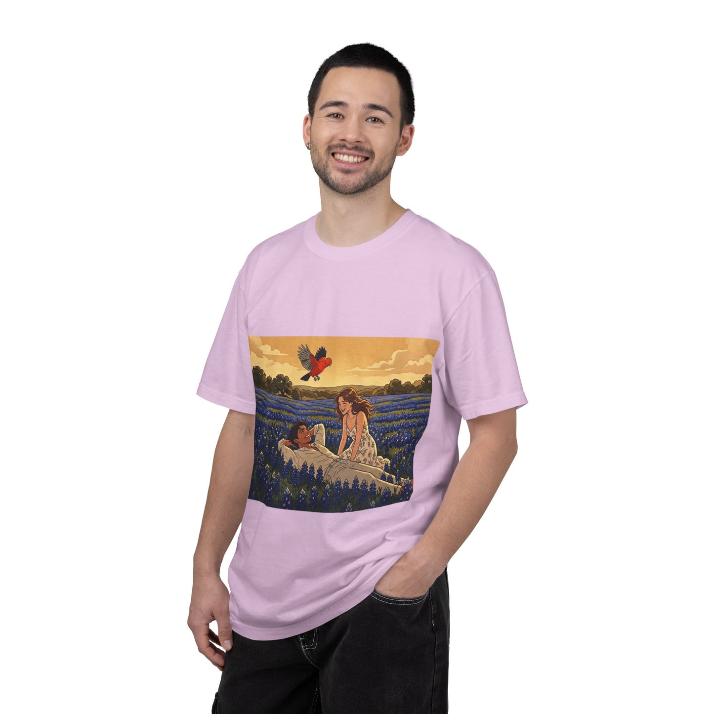 Romantic Bluebonnet Field T-Shirt — Couple in Wildflower Meadow Art Tee