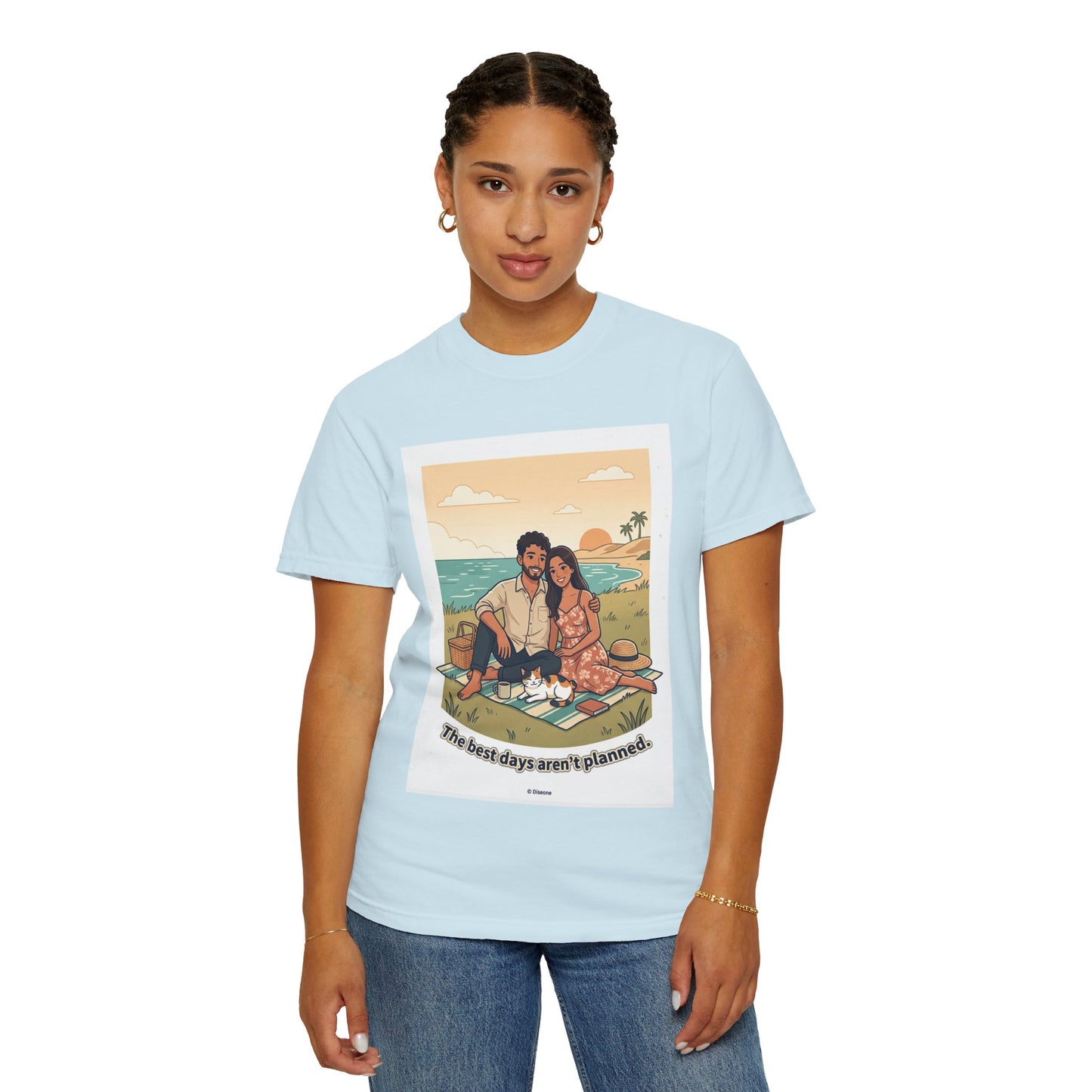 Beach Picnic Couple T‑Shirt — “The best days aren’t planned.” Relaxed Vacation Tee