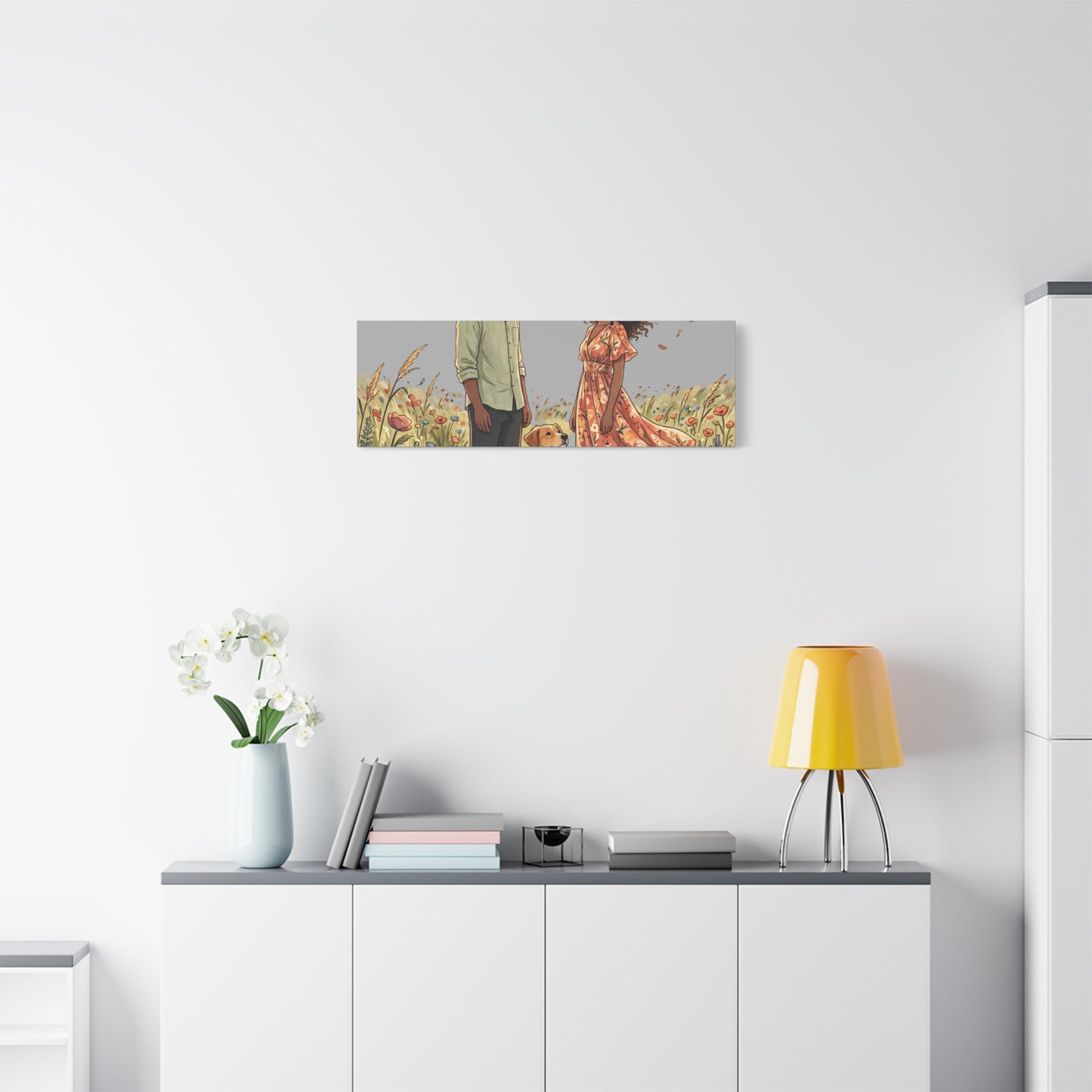 Romantic Couple in Wildflower Field Canvas Art — Black Love Wall Decor with Dog