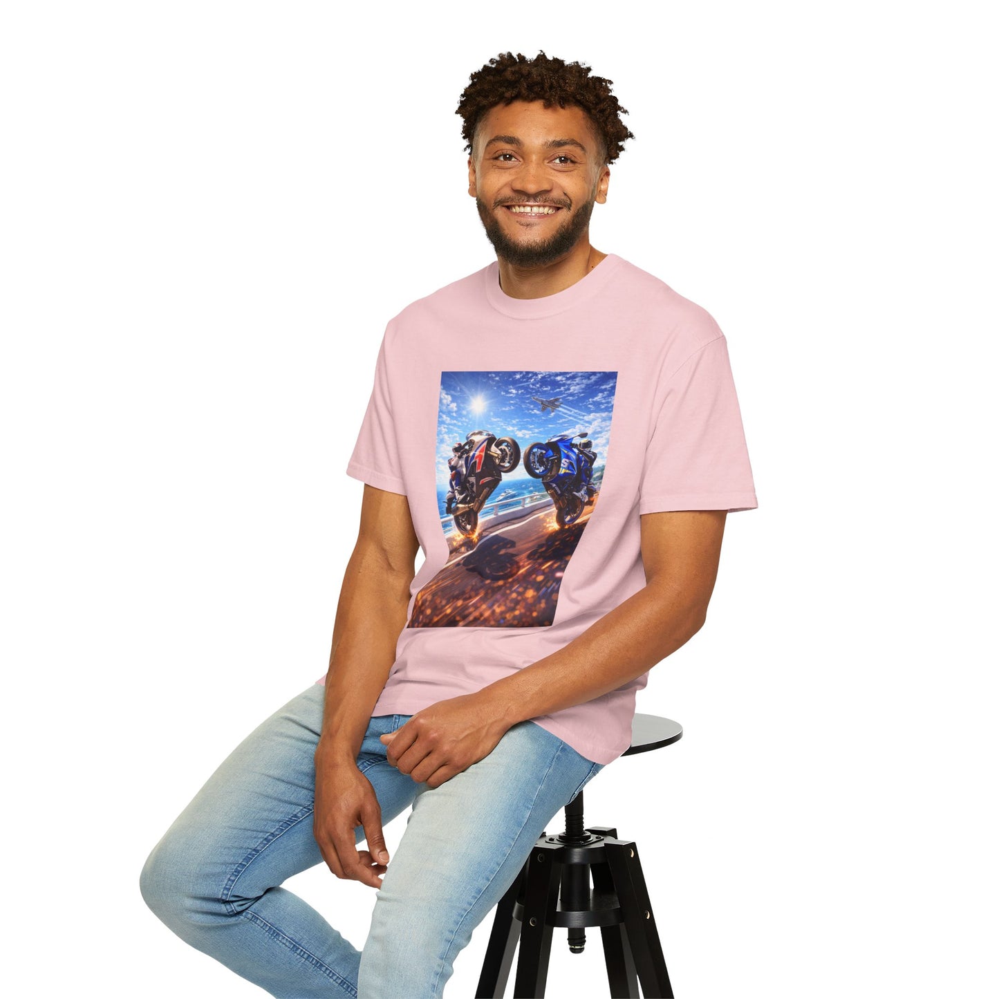 Stunt Riders Motorcycle T-Shirt — Two Bike Wheelie Racing Graphic Tee