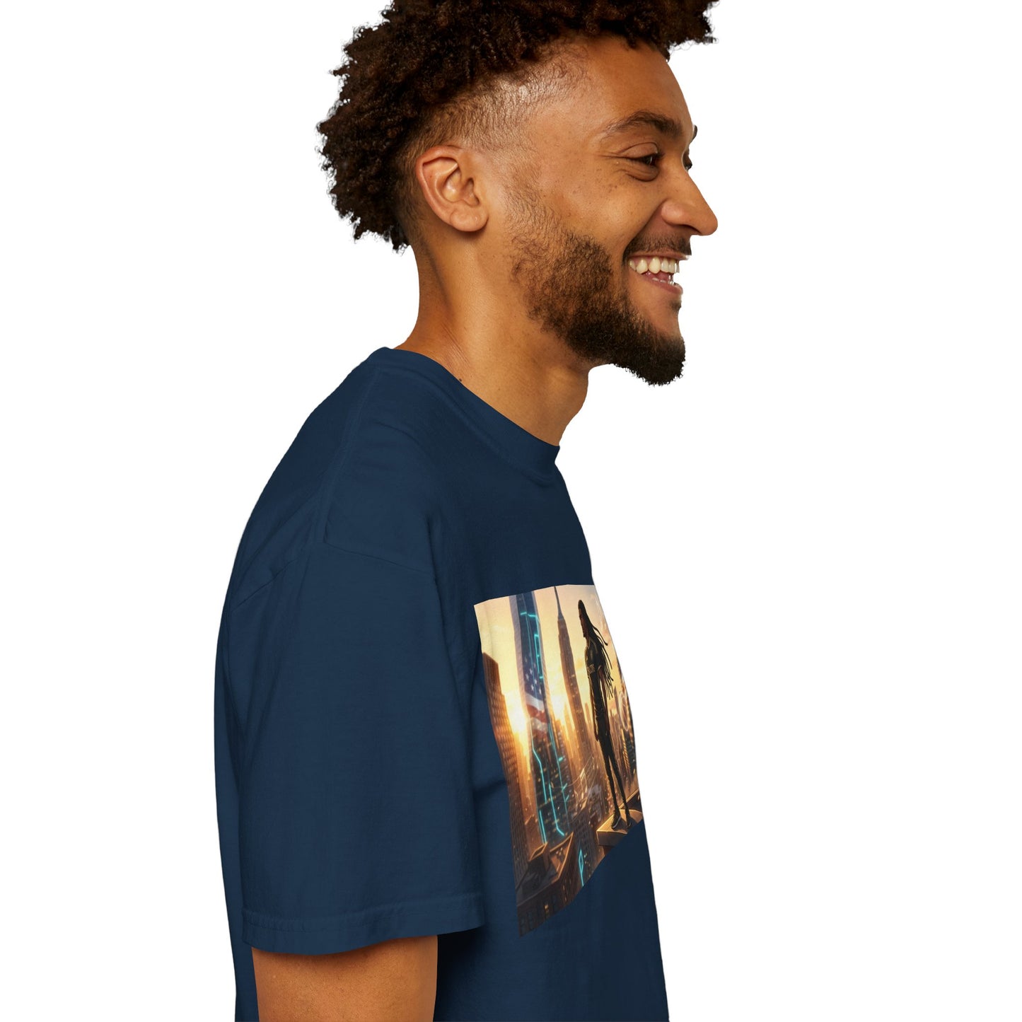 Cyberpunk Cityscape T-Shirt — Silhouette Hero at Sunset