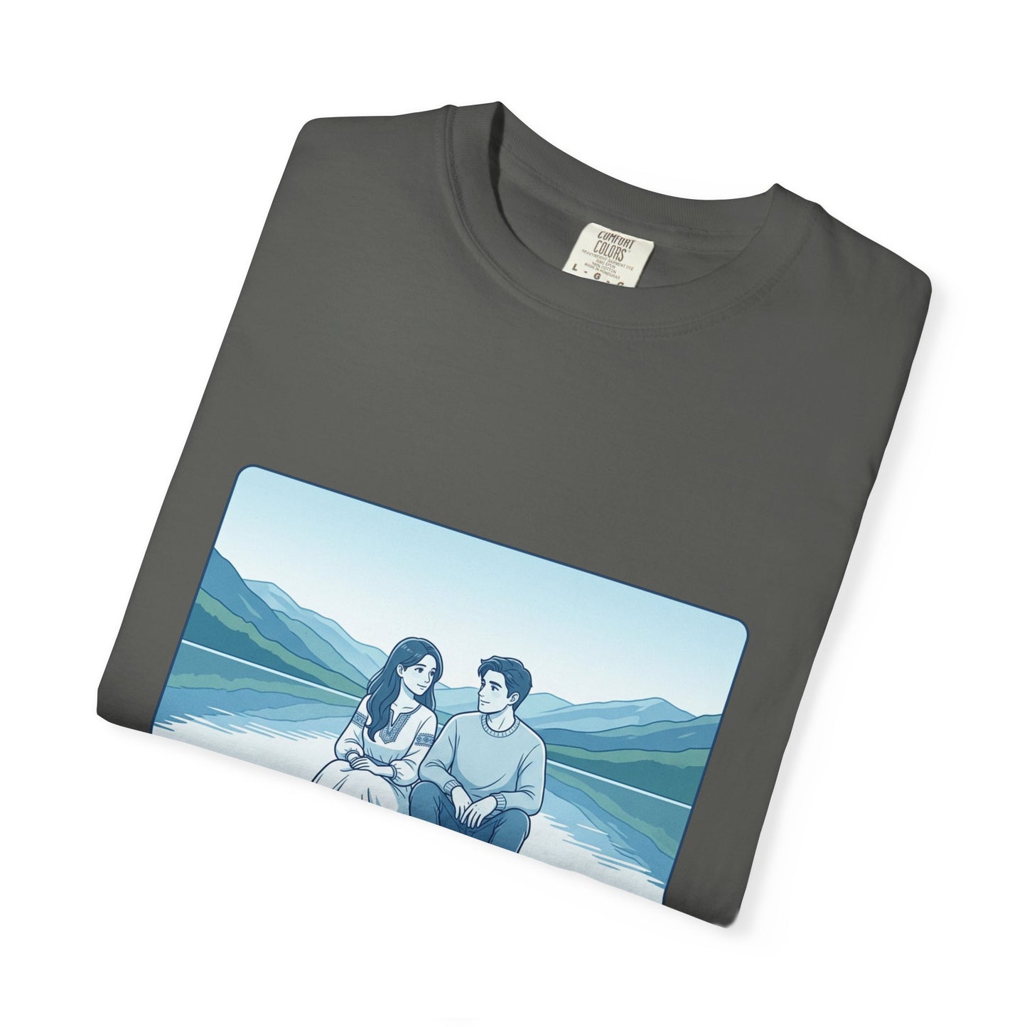 Peaceful Moments Tee — Couple Sitting by Lake Graphic T-Shirt