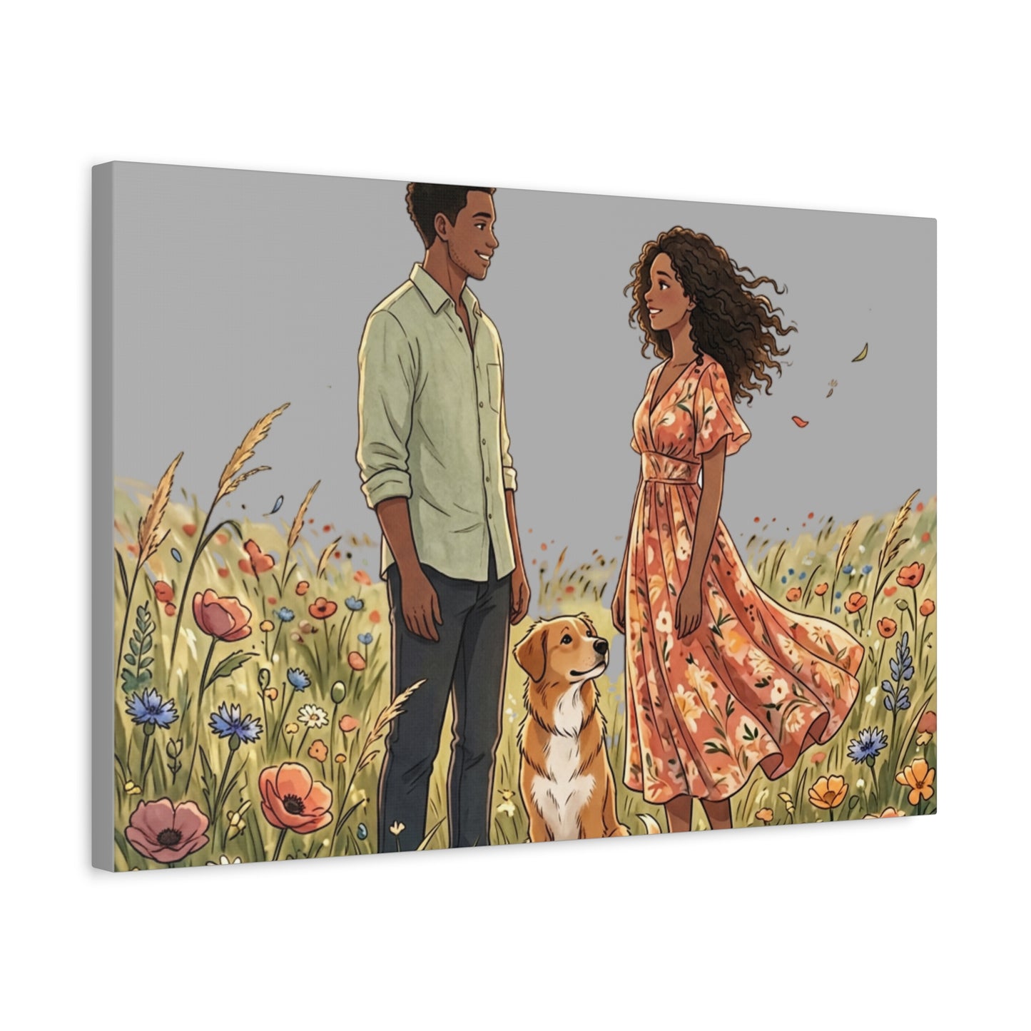 Romantic Couple in Wildflower Field Canvas Art — Black Love Wall Decor with Dog