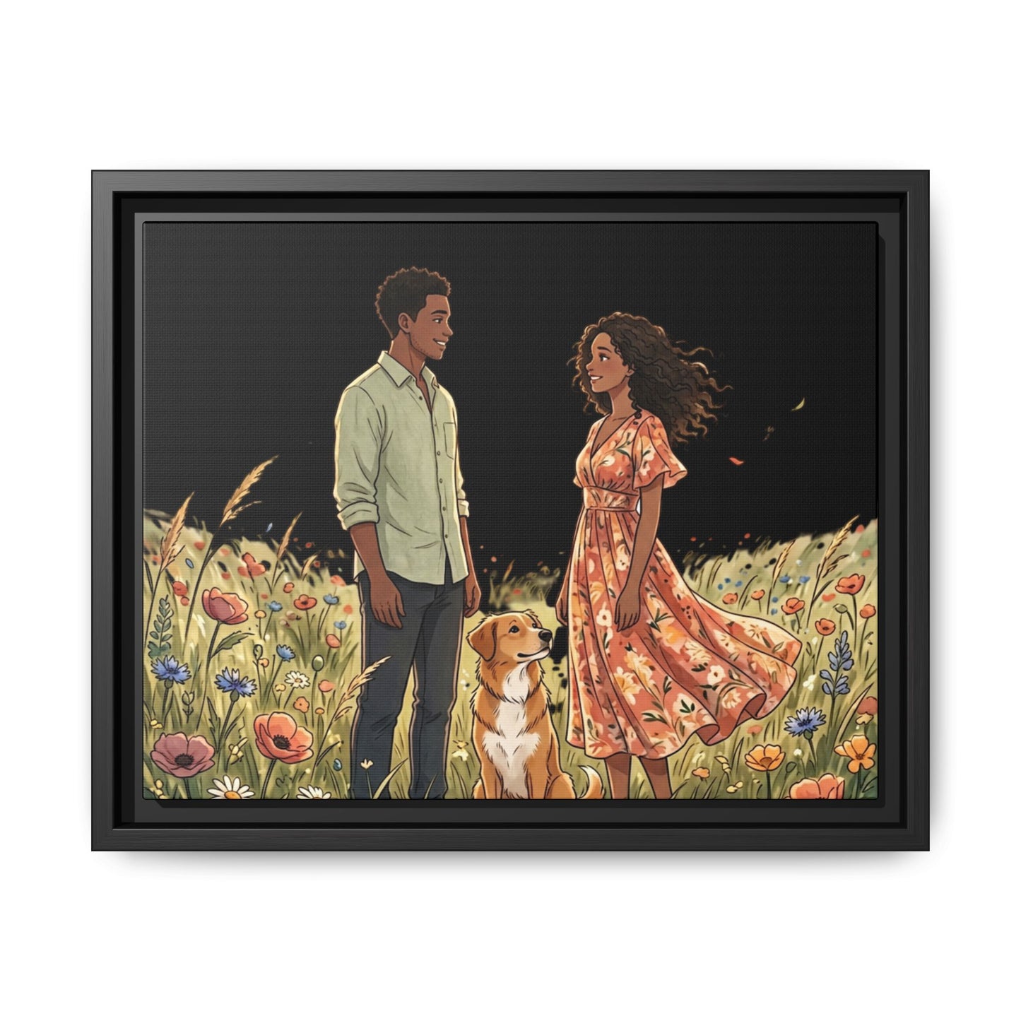 Framed Matte Canvas Print — Romantic Couple in Wildflower Field (Multi‑Color)