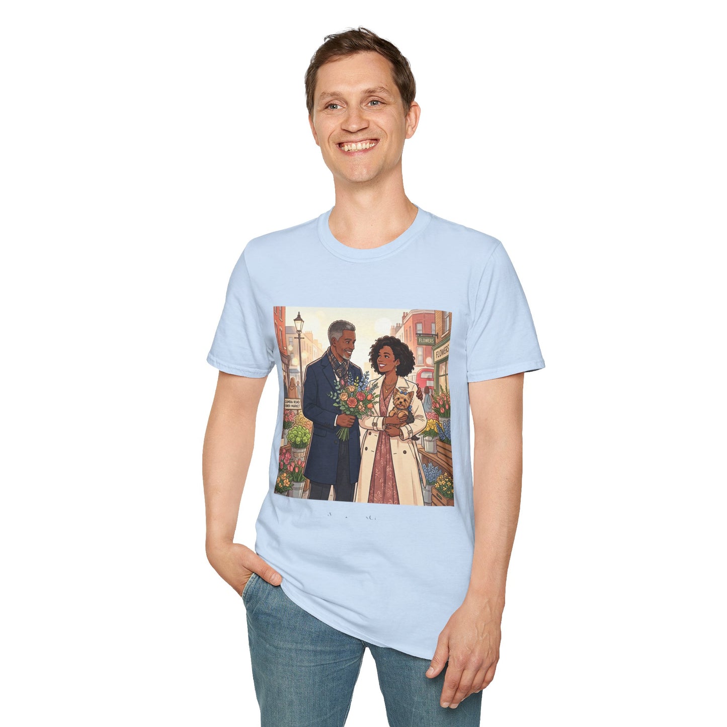 Romantic City Stroll T-Shirt — Couple Bouquet Illustration
