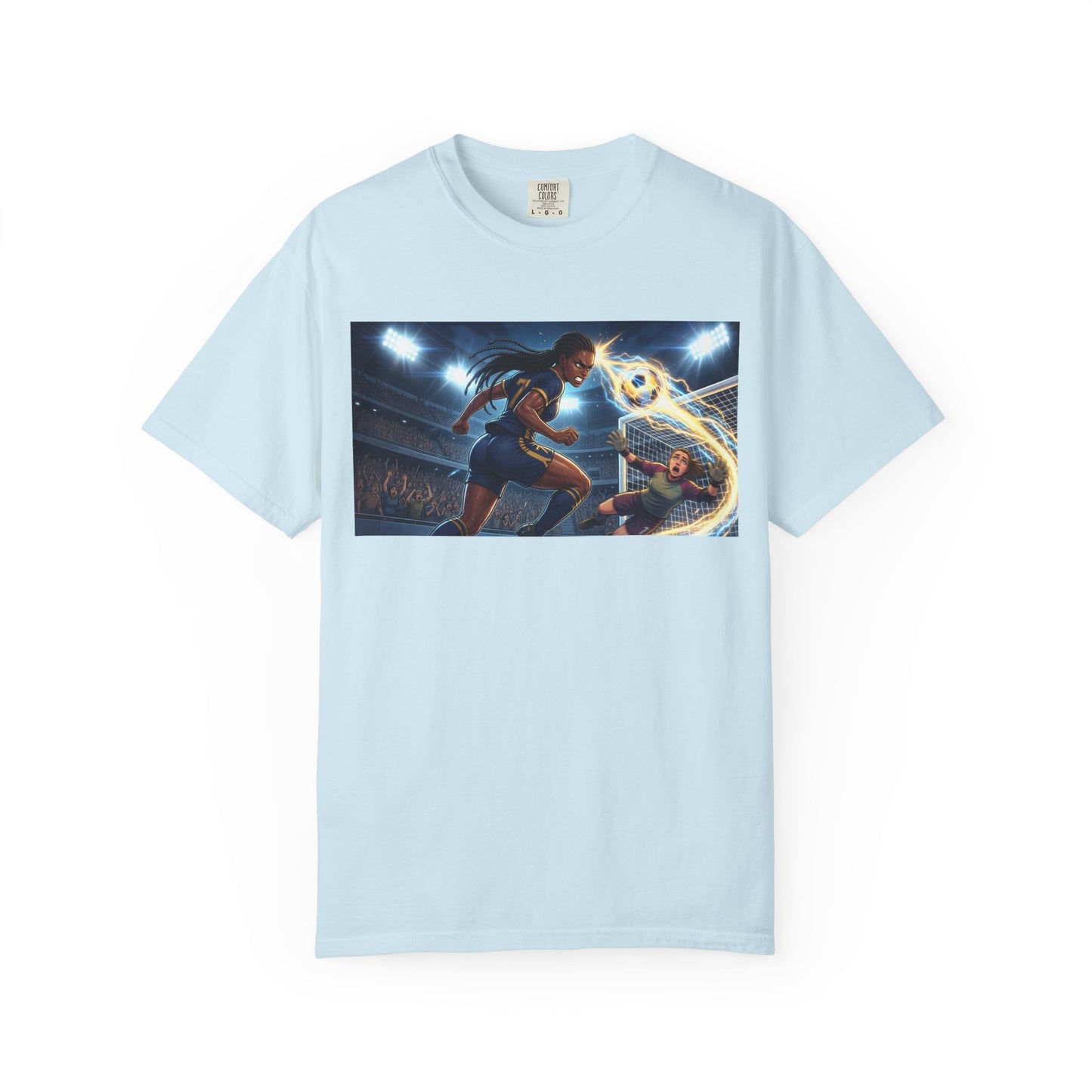 Soccer Duel Graphic T-Shirt — Futuristic Goalkeeper vs Striker Stadium Print