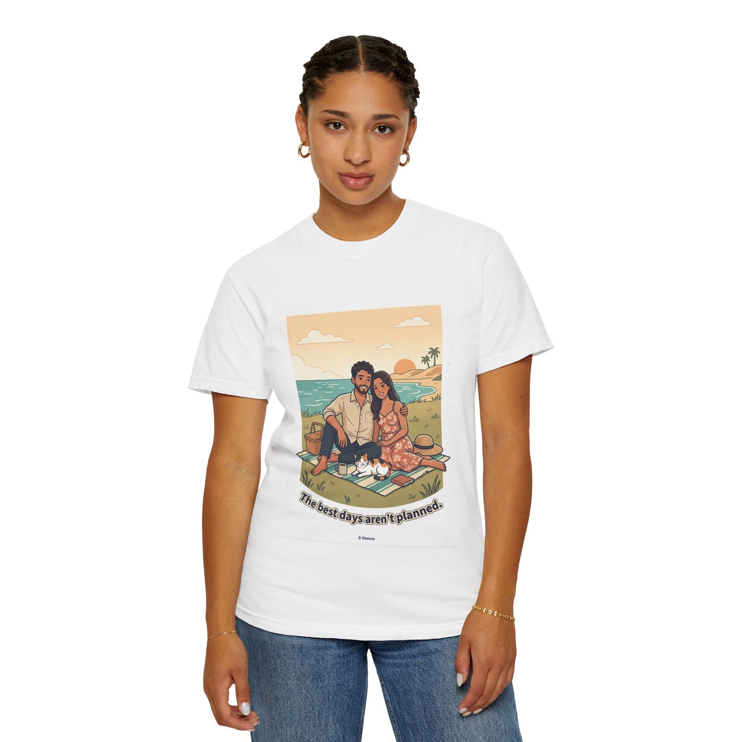 Beach Picnic Couple T‑Shirt — “The best days aren’t planned.” Relaxed Vacation Tee