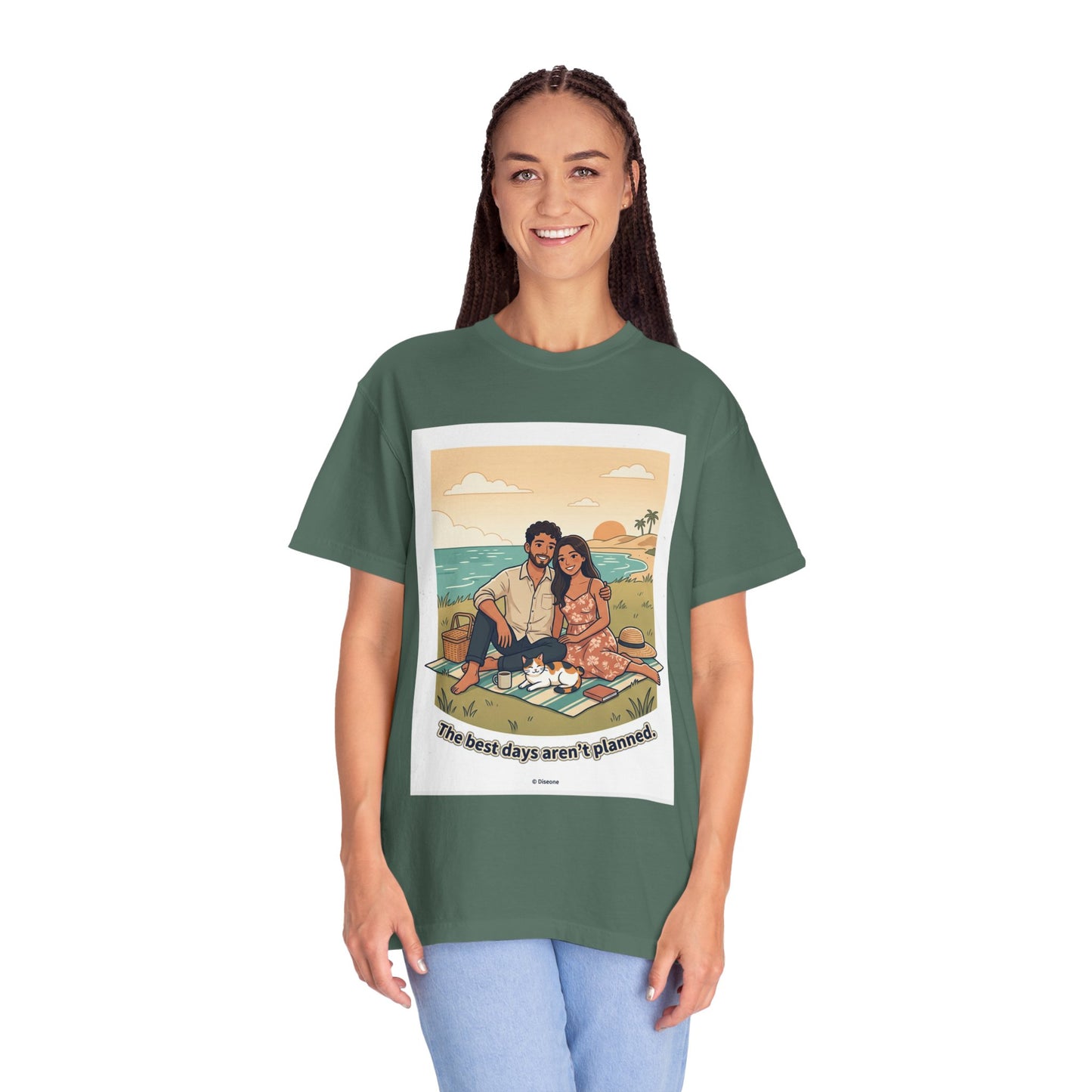 Beach Picnic Couple T‑Shirt — “The best days aren’t planned.” Relaxed Vacation Tee