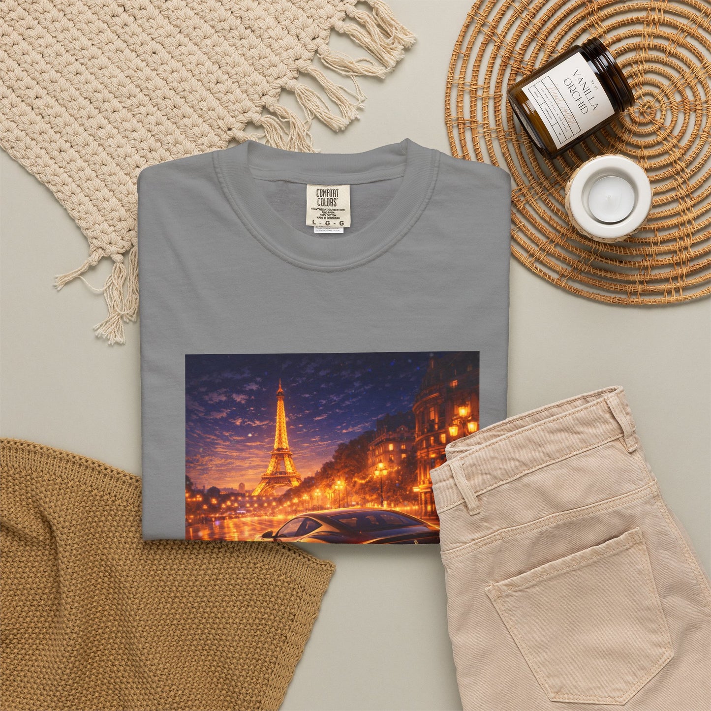 Paris Night Drive T-Shirt — Sports Car in Rainy Cityscape
