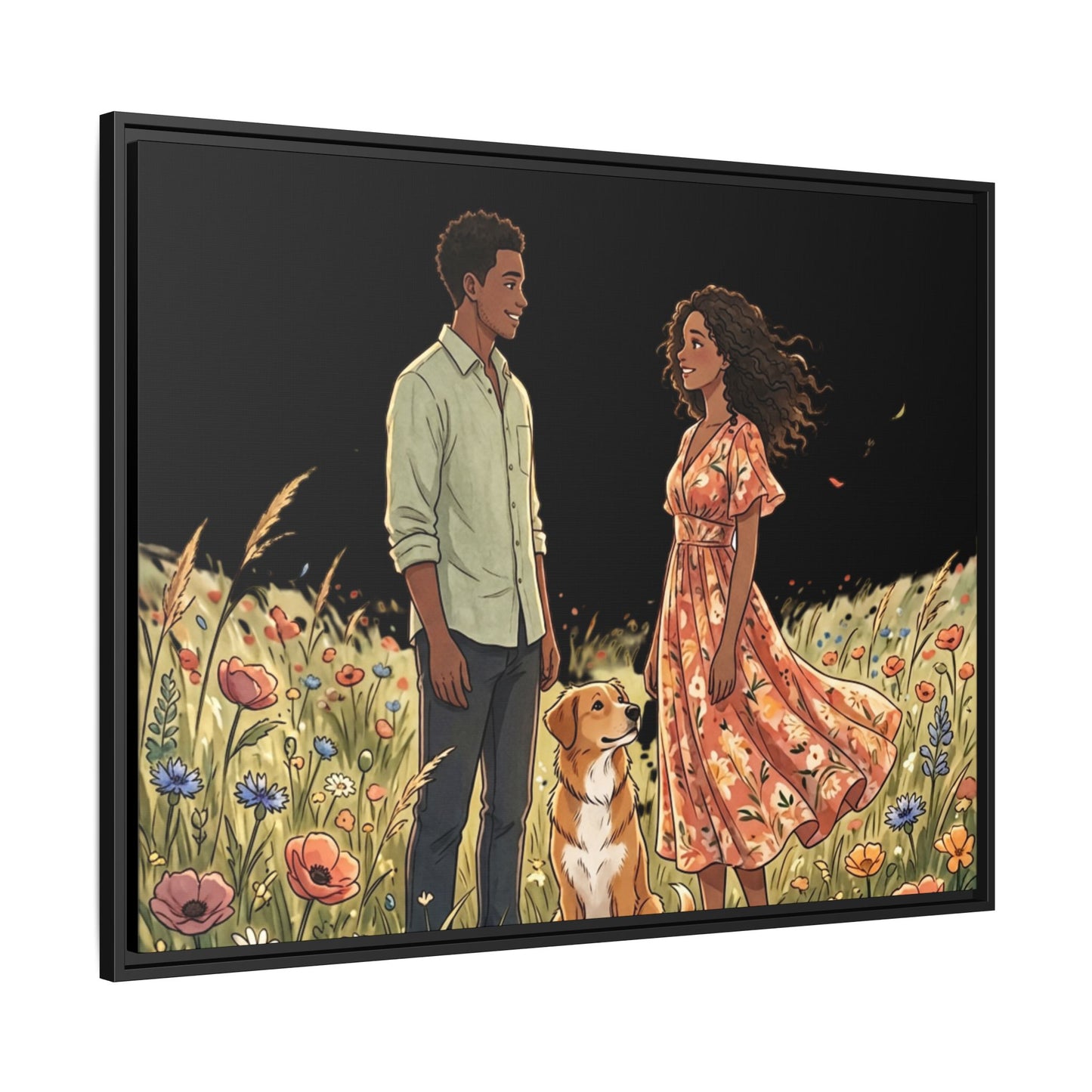 Framed Matte Canvas Print — Romantic Couple in Wildflower Field (Multi‑Color)