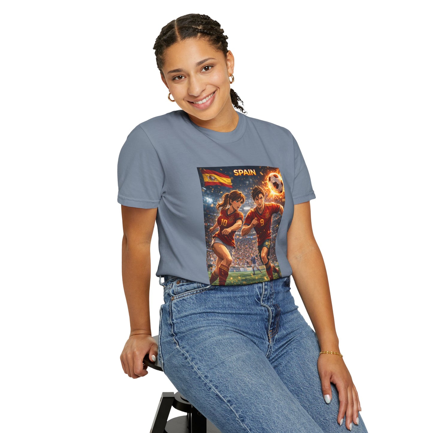 Spain Soccer Graphic T-Shirt — Retro Match Scene with Flag