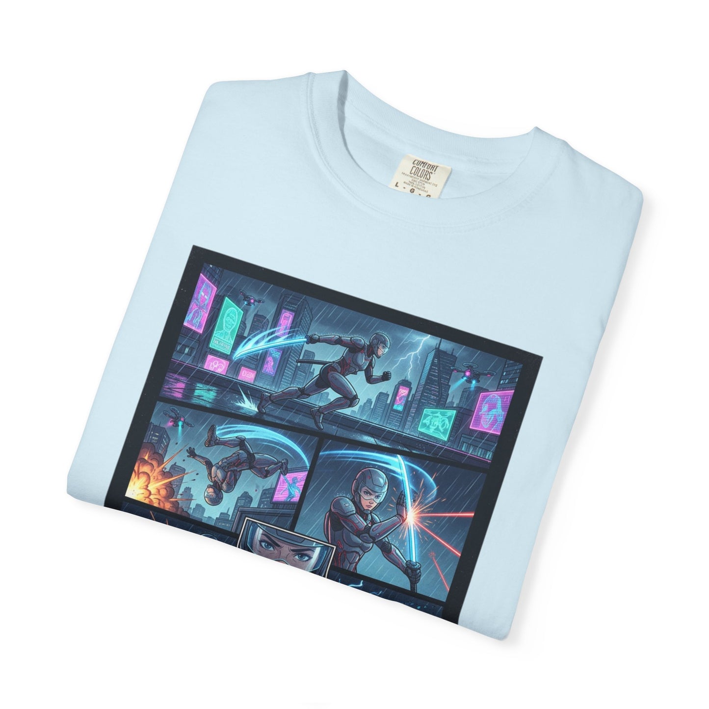 Cyberpunk Girl Samurai T-Shirt — Neon Manga Panel Graphic Tee