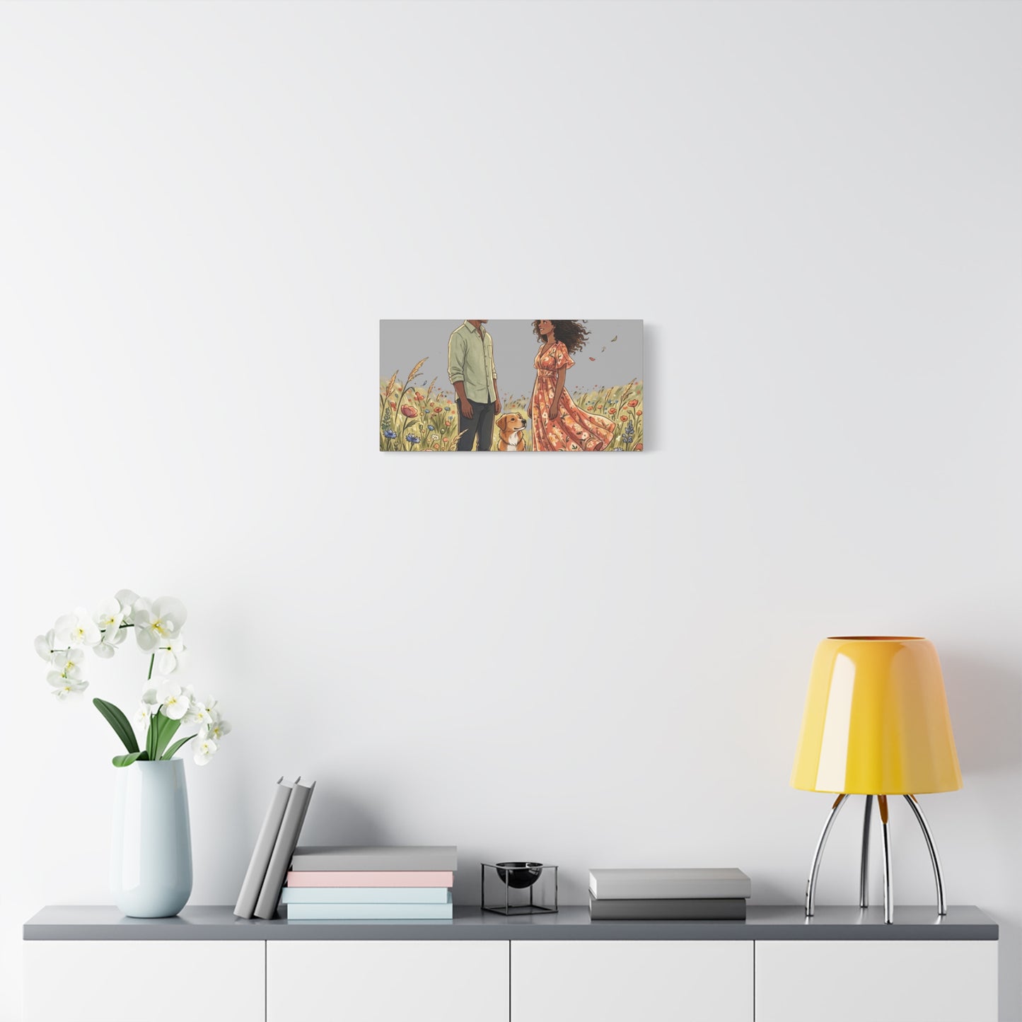 Romantic Couple in Wildflower Field Canvas Art — Black Love Wall Decor with Dog