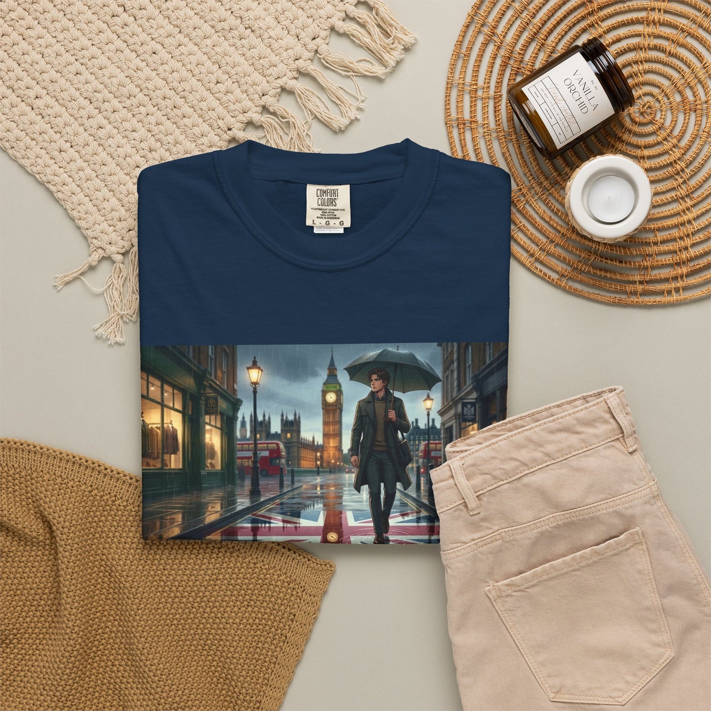T-Shirt — Rainy London Street Scene Graphic Tee (Big Ben, Umbrella, Night Cityscape)
