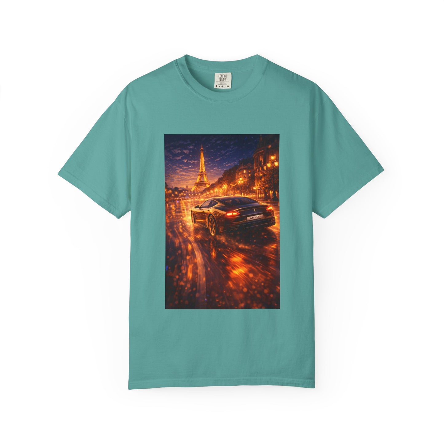 Paris Night Drive T-Shirt — Sports Car in Rainy Cityscape