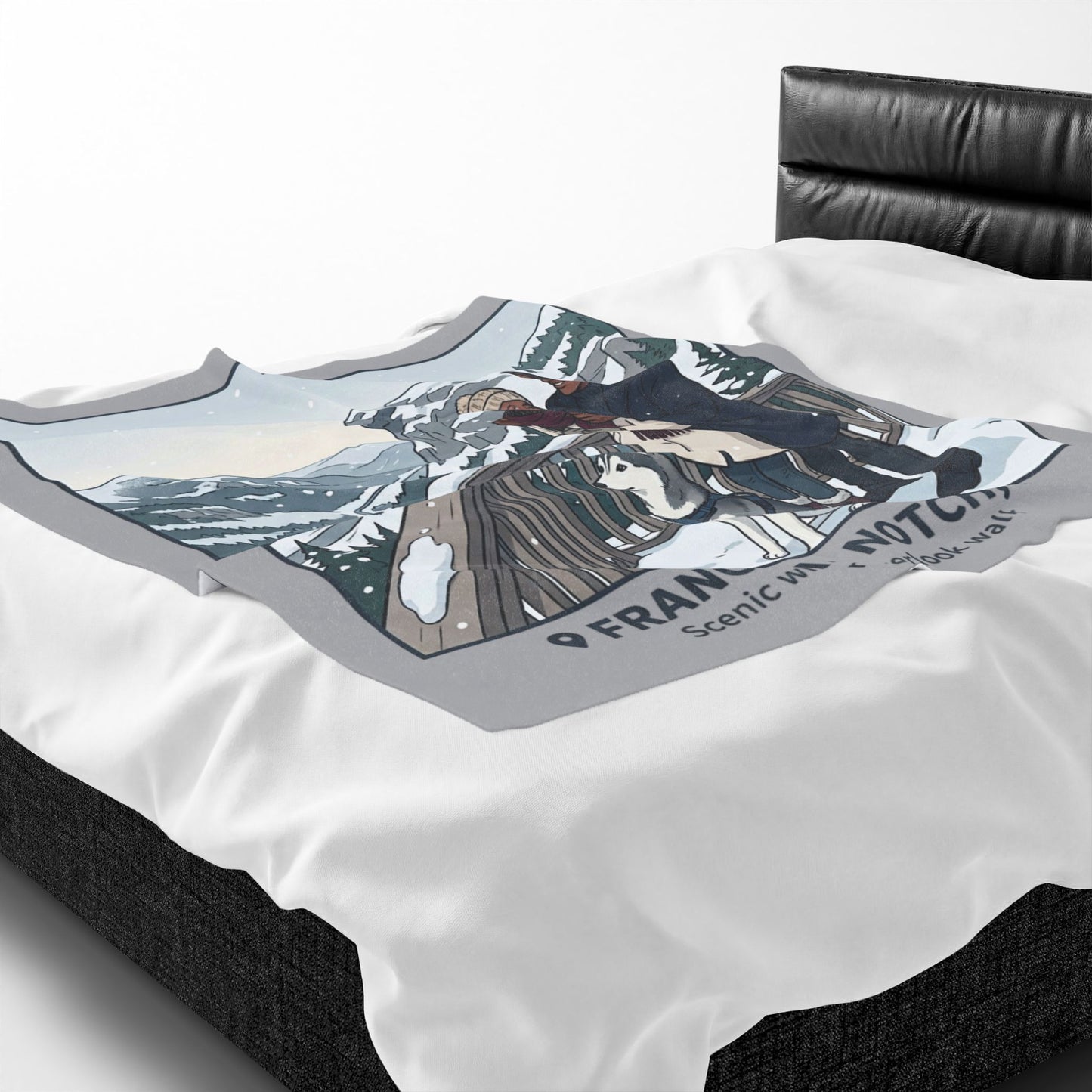 Velveteen Blanket — Franconia Notch NH Winter Scenic Throw with Couple & Husky