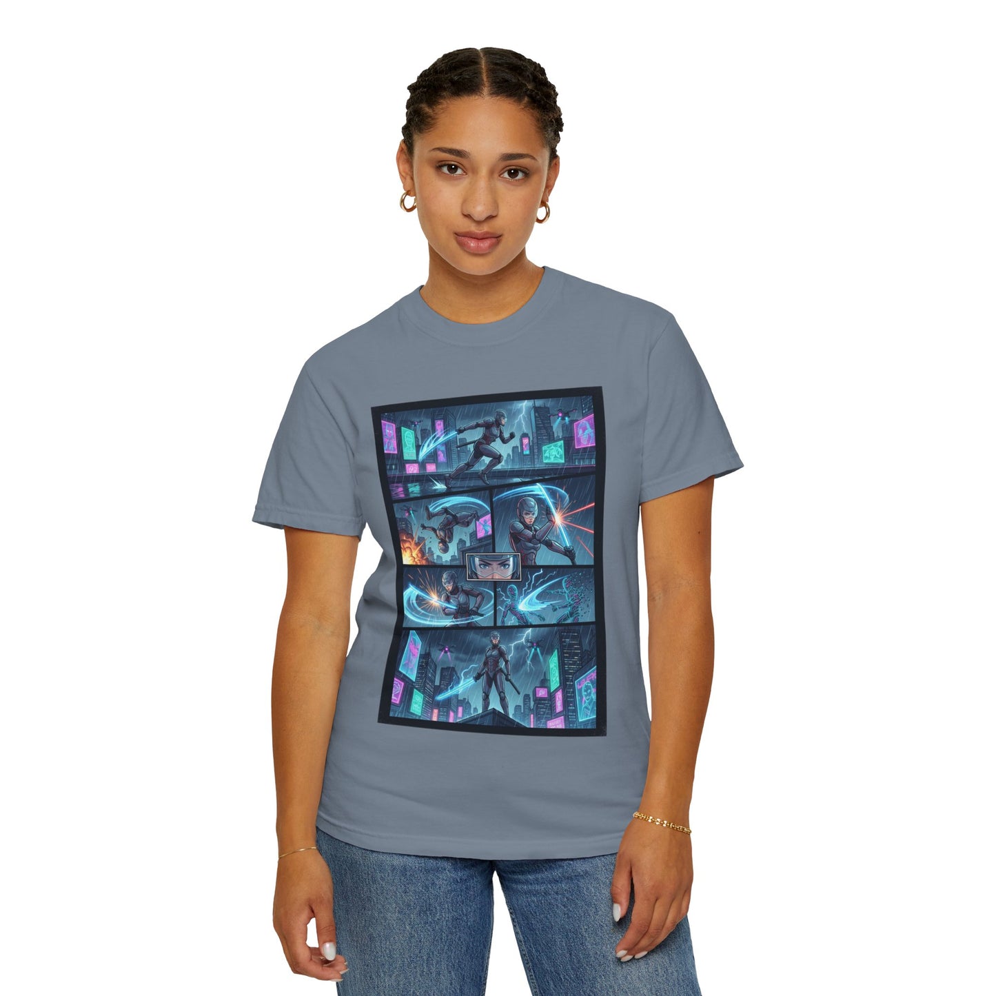 Cyberpunk Girl Samurai T-Shirt — Neon Manga Panel Graphic Tee