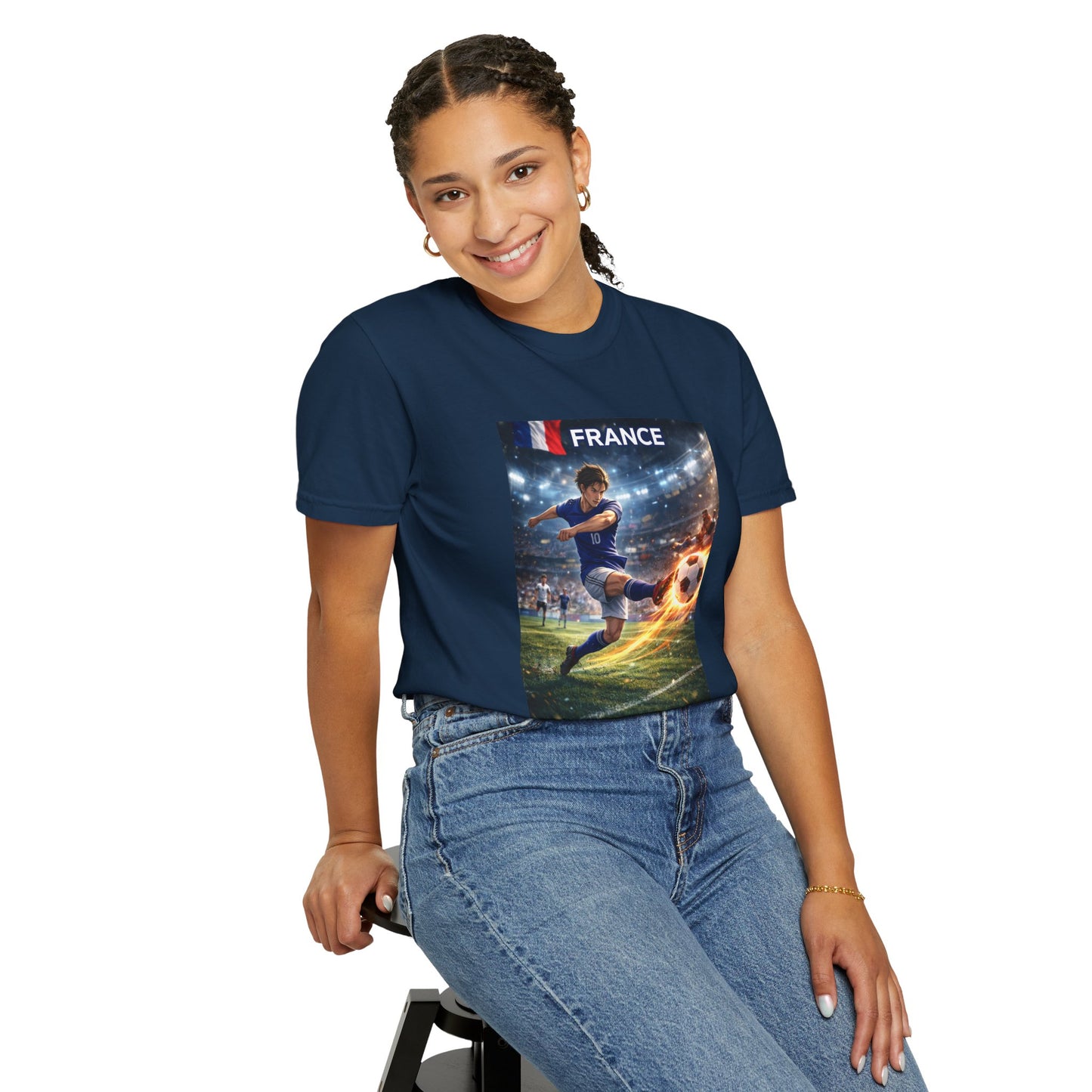 France Soccer Player Graphic T-Shirt — Football Kick Stadium Design