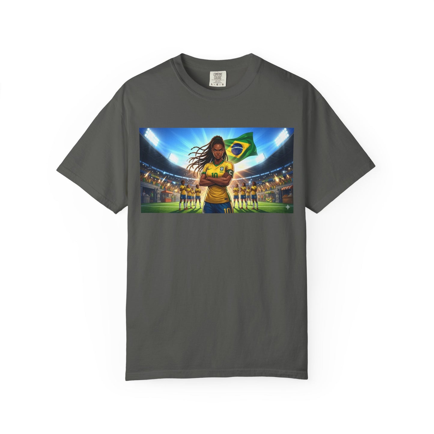 Brazil Soccer Captain T-Shirt — Player Holding Ball with Brazilian Flag Stadium Graphic