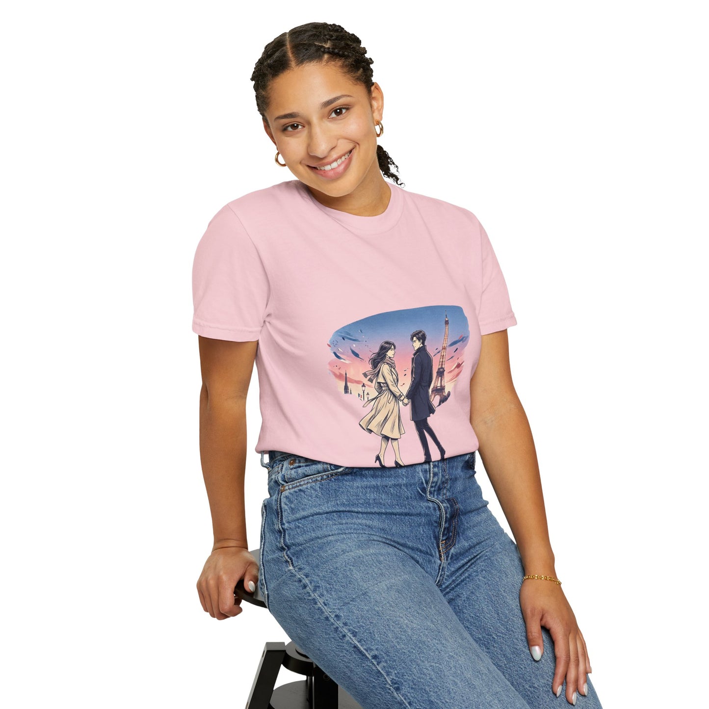 Paris Sunset Romance T-Shirt — Couple Walking by Eiffel Tower Graphic Tee