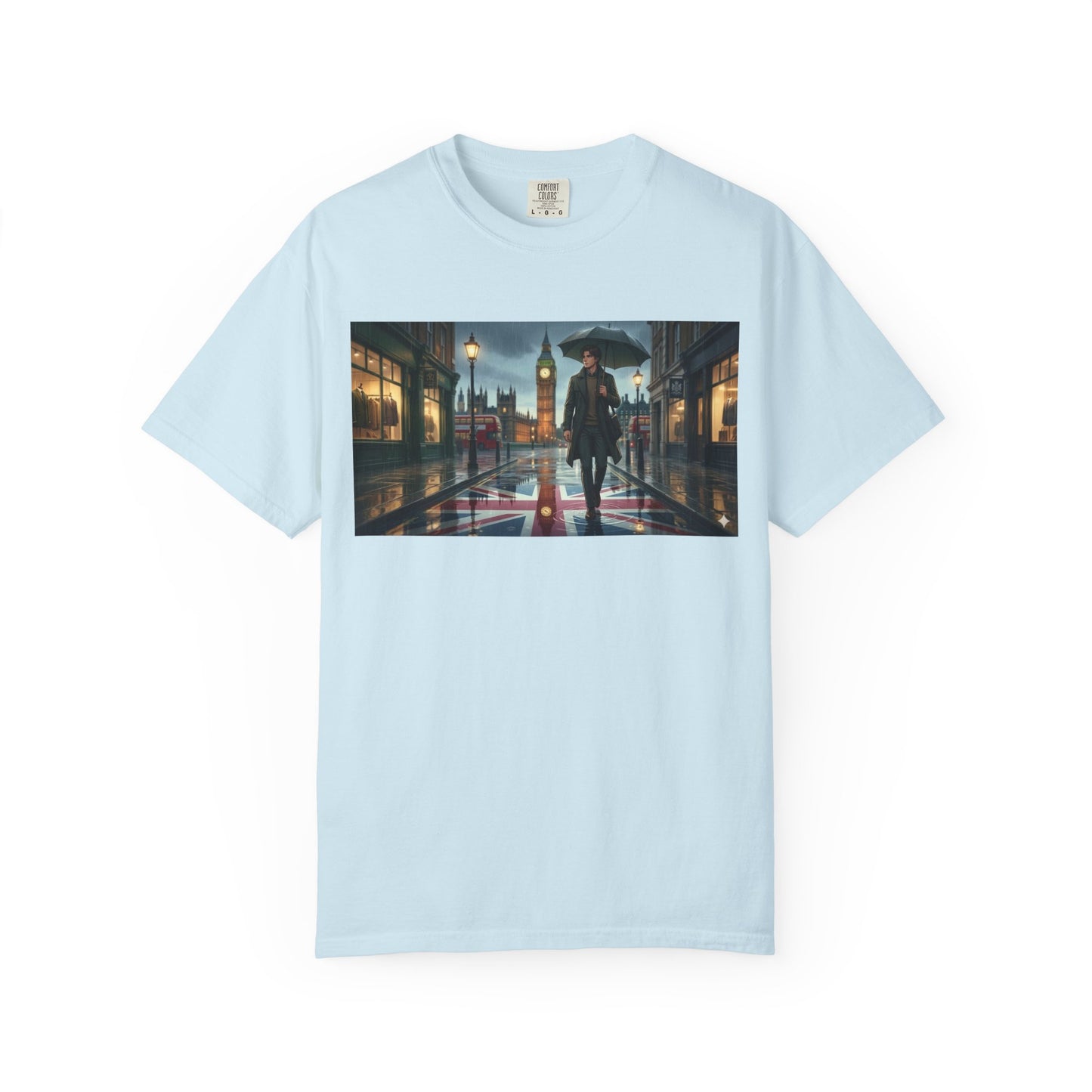 T-Shirt — Rainy London Street Scene Graphic Tee (Big Ben, Umbrella, Night Cityscape)