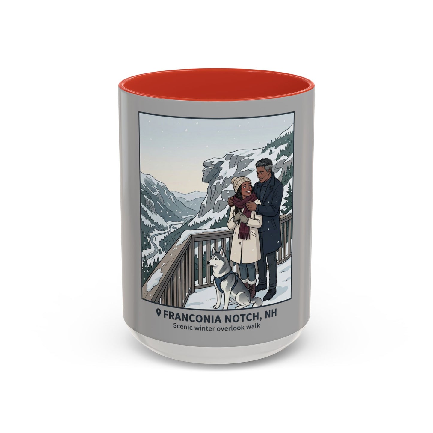 Franconia Notch Scenic Winter Mug — Couples & Dog Snowy Overlook Coffee Cup (11/15oz)