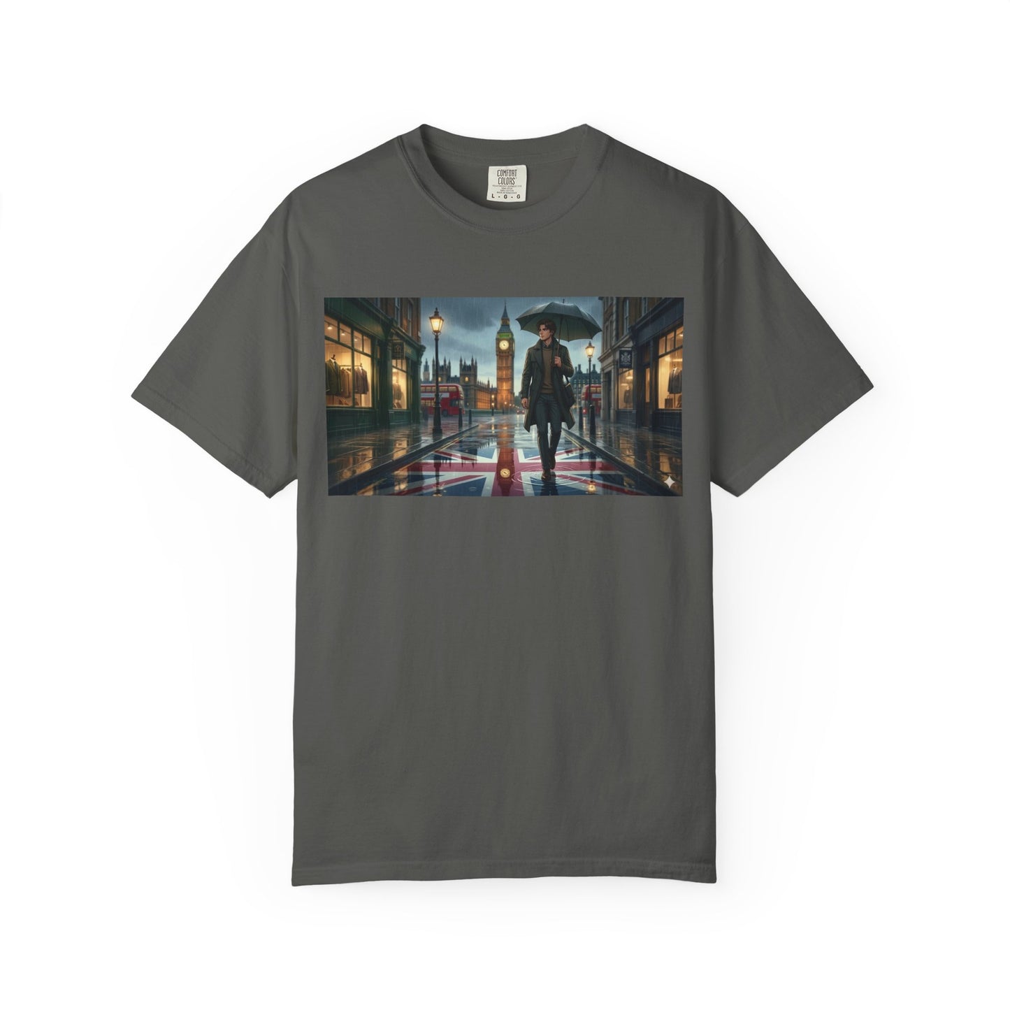 T-Shirt — Rainy London Street Scene Graphic Tee (Big Ben, Umbrella, Night Cityscape)