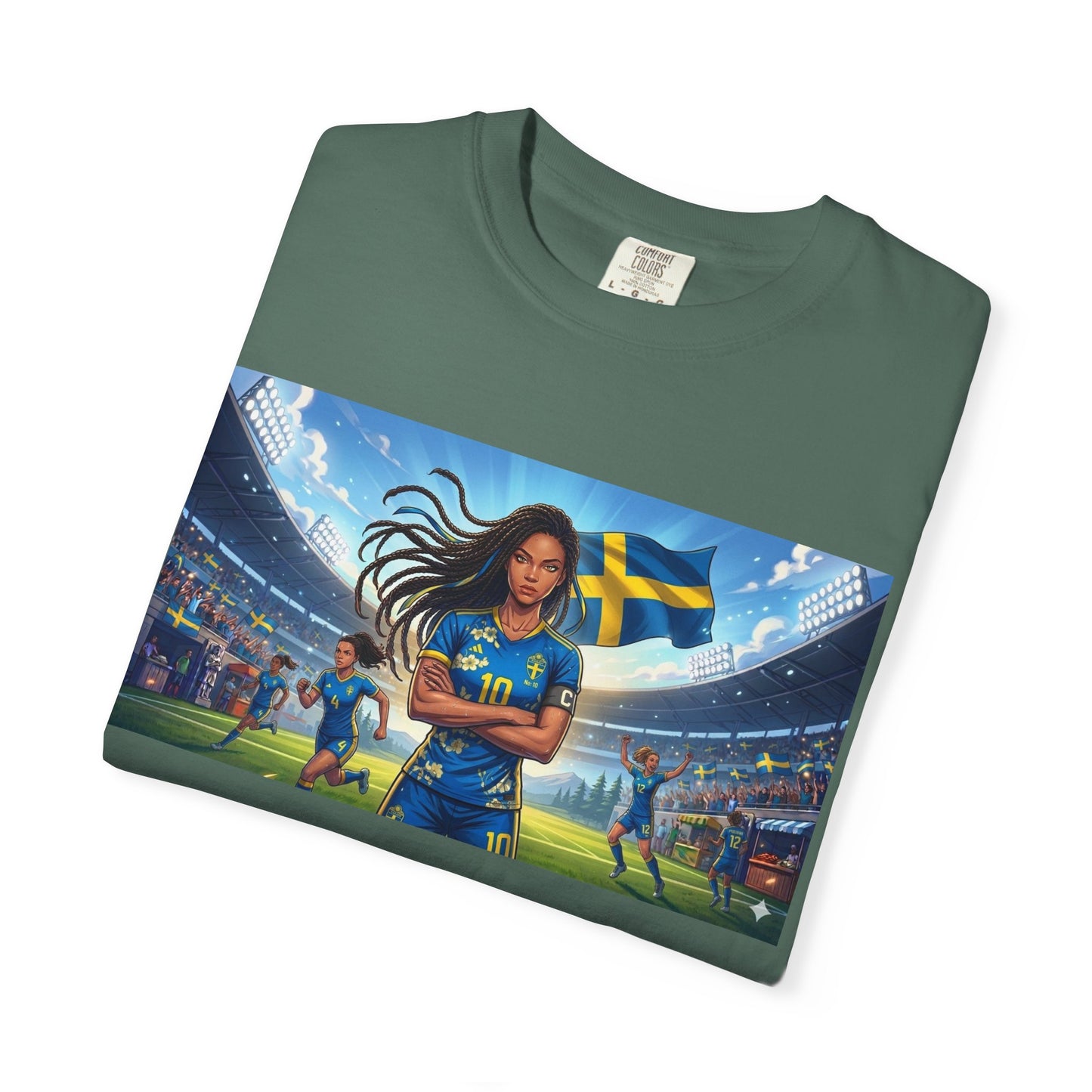 Swedish Soccer Pride T-Shirt — Female Footballer with Flag Stadium Design