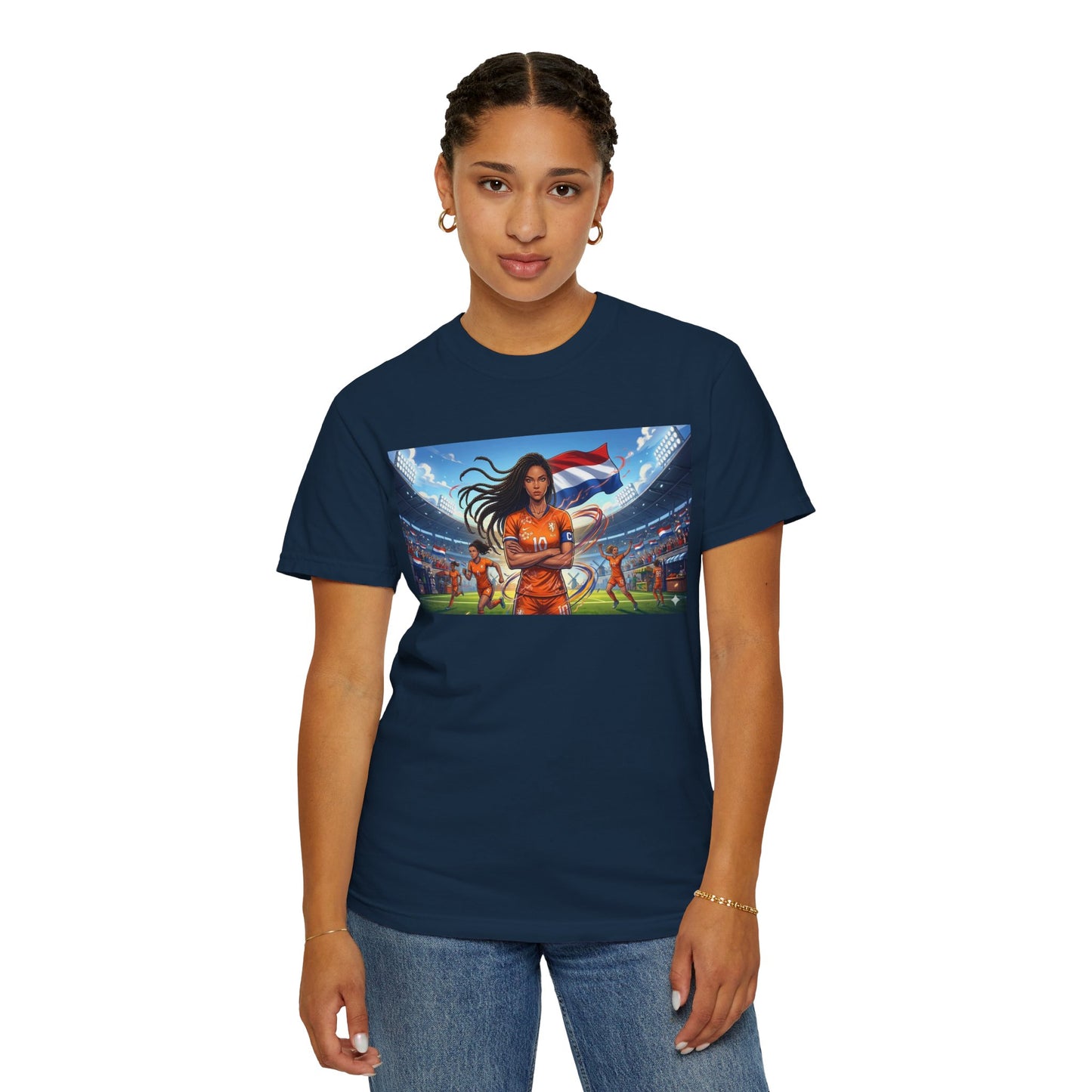 Soccer Warrior T-Shirt — Netherlands Female Captain with Flag Stadium Graphic