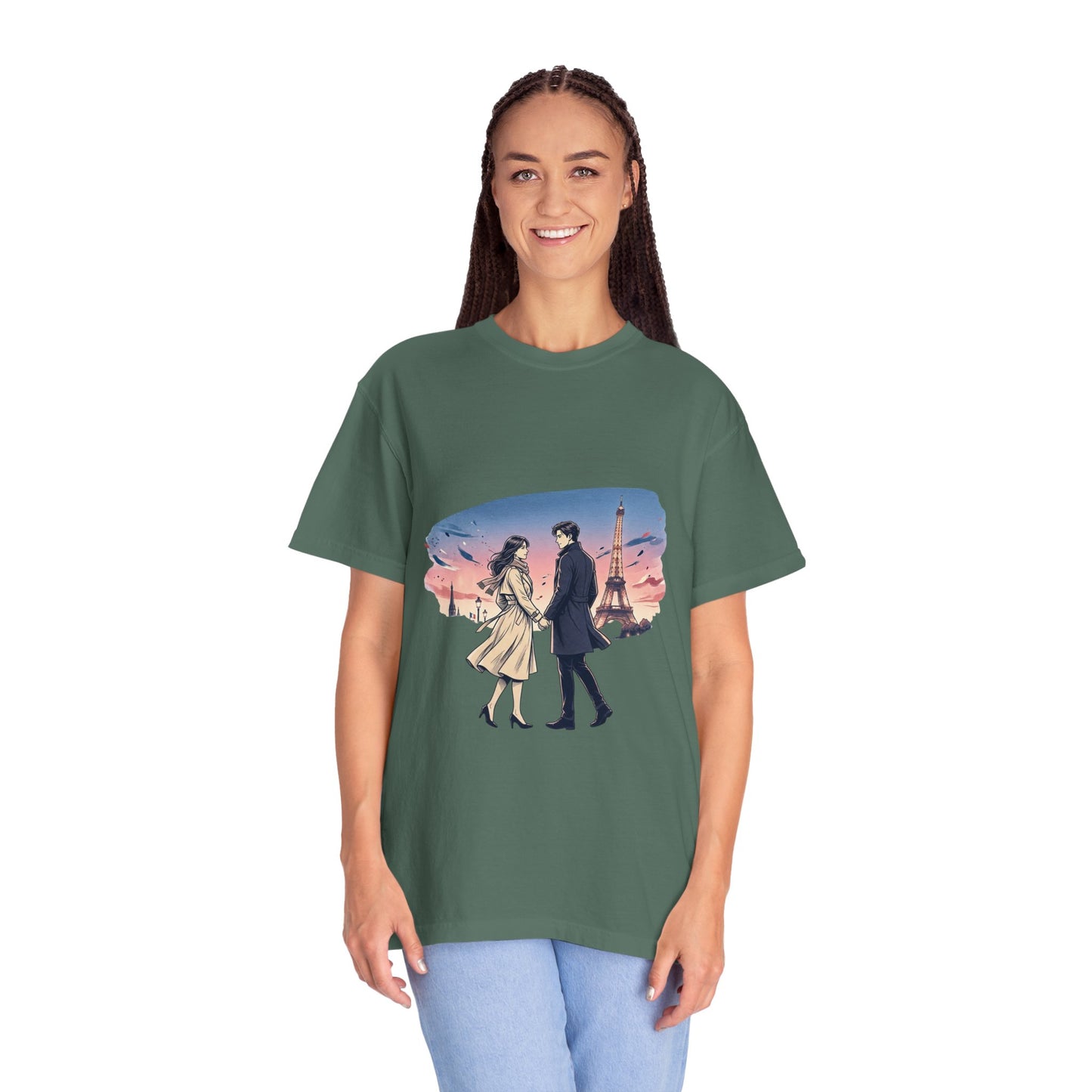 Paris Sunset Romance T-Shirt — Couple Walking by Eiffel Tower Graphic Tee
