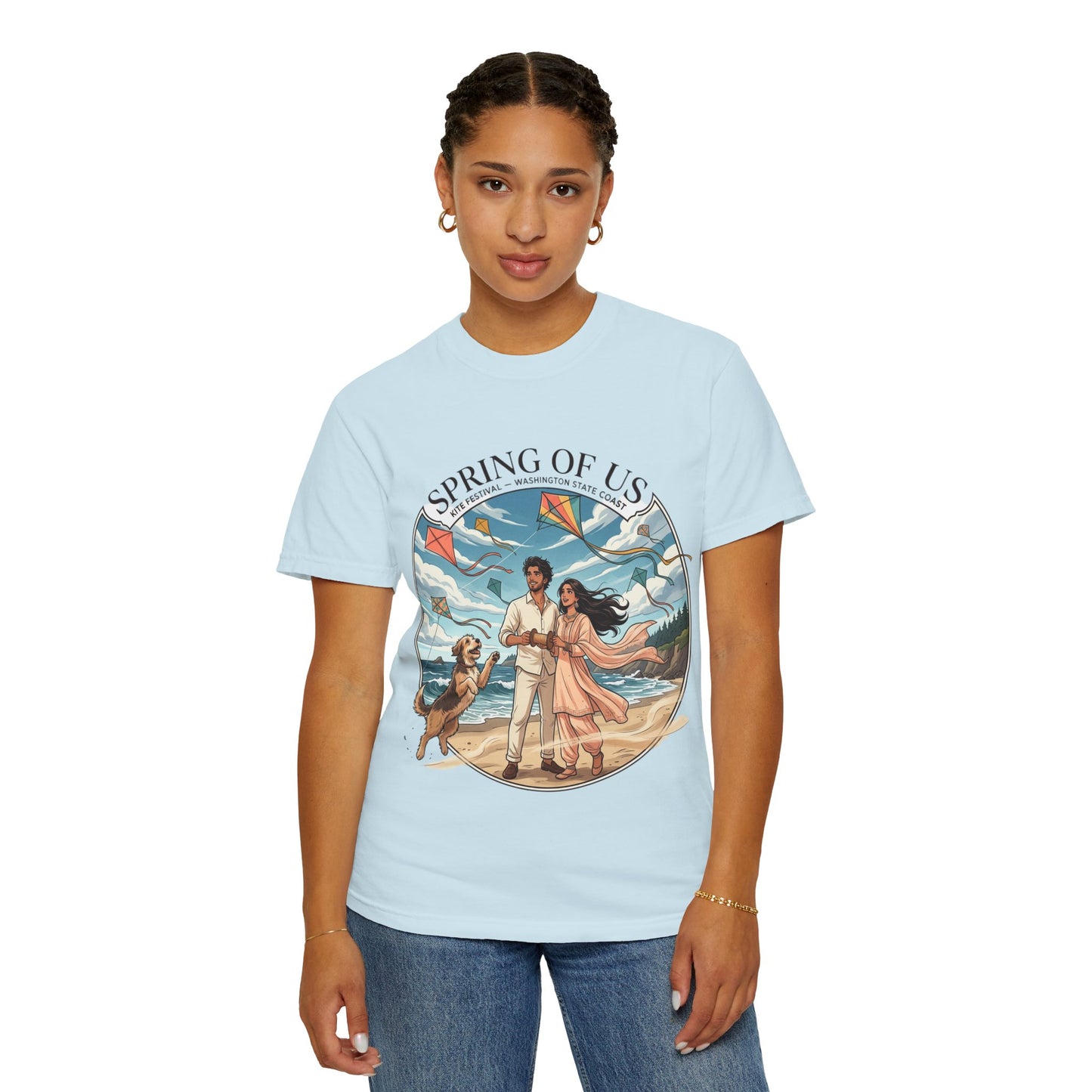 Spring of Us T-Shirt — Romantic Beach Couple Illustration with Dog