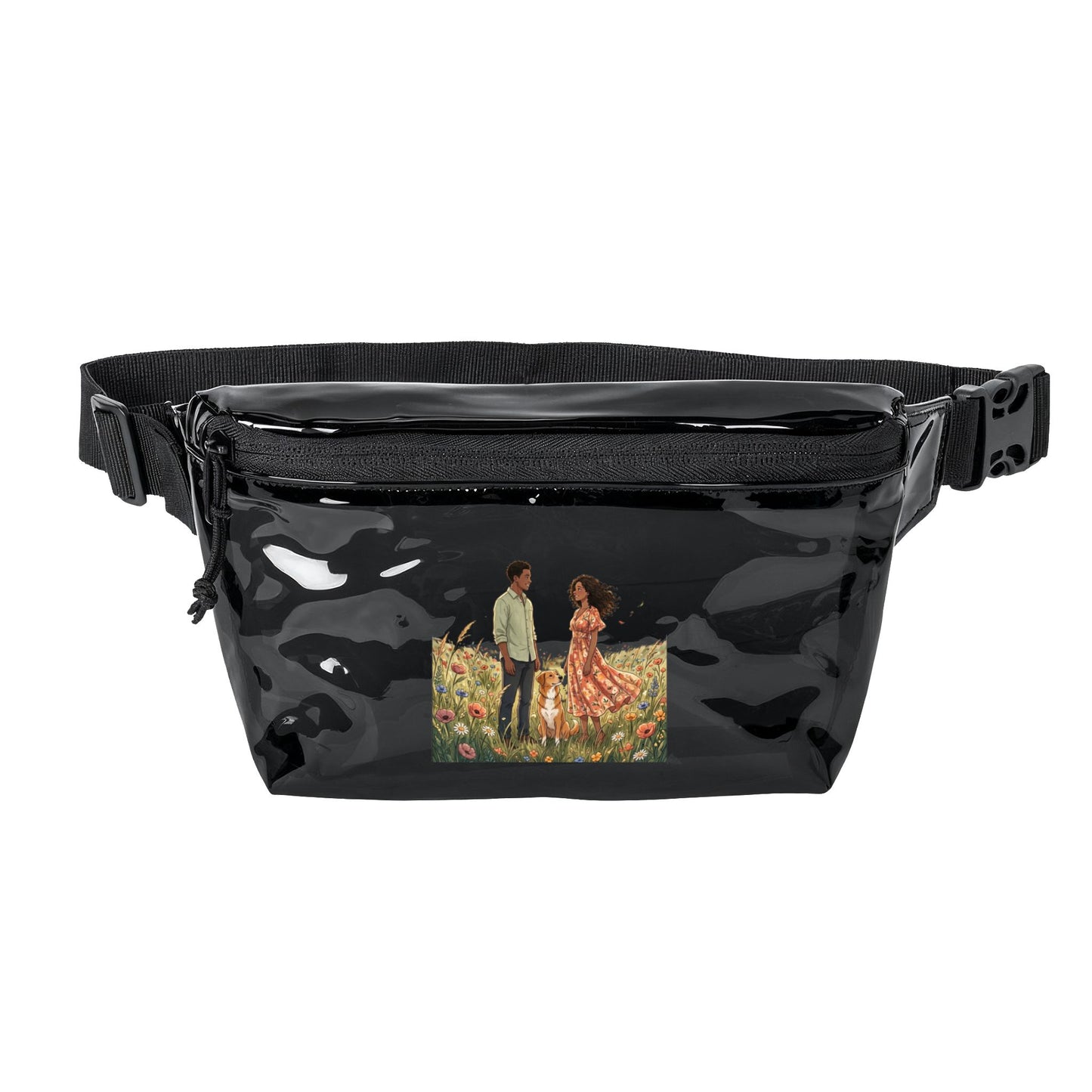Transparent/Black Clear Fanny Pack with Floral Couple Art - Festival Travel Waist Bag