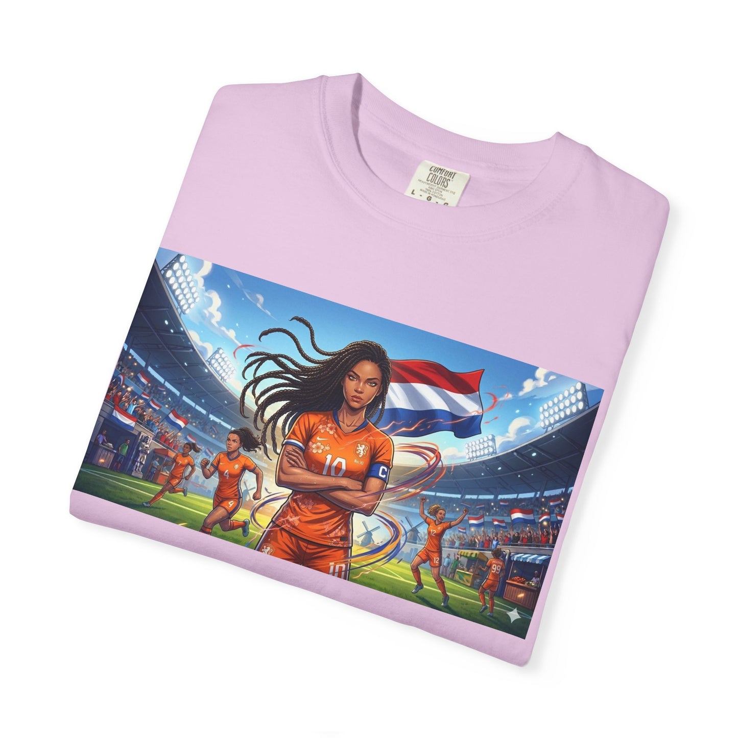 Soccer Warrior T-Shirt — Netherlands Female Captain with Flag Stadium Graphic
