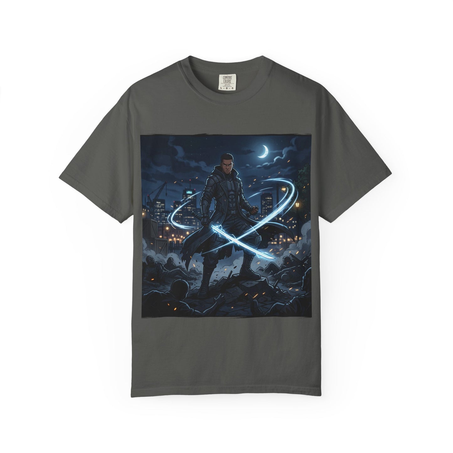 Urban Night Warrior T-Shirt — Neon Samurai Cityscape