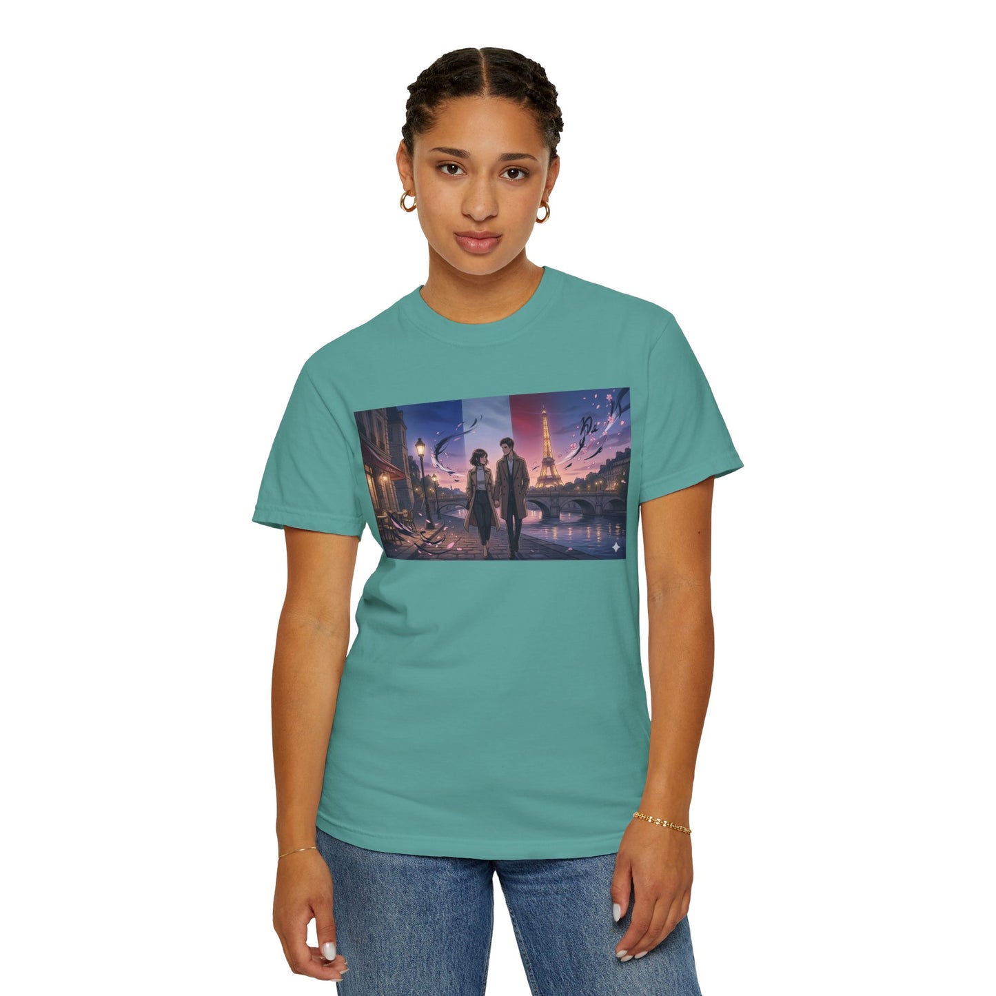 Couple Walking, Eiffel Tower - T-Shirt — Romantic Paris Nightscape Graphic Tee