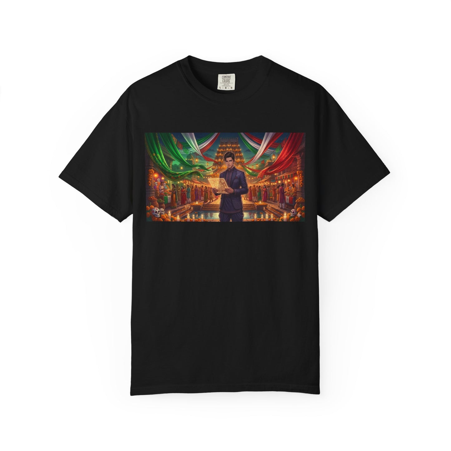 T-Shirt — Dragon Temple Night Scene Graphic Tee (Monk with Dragons)