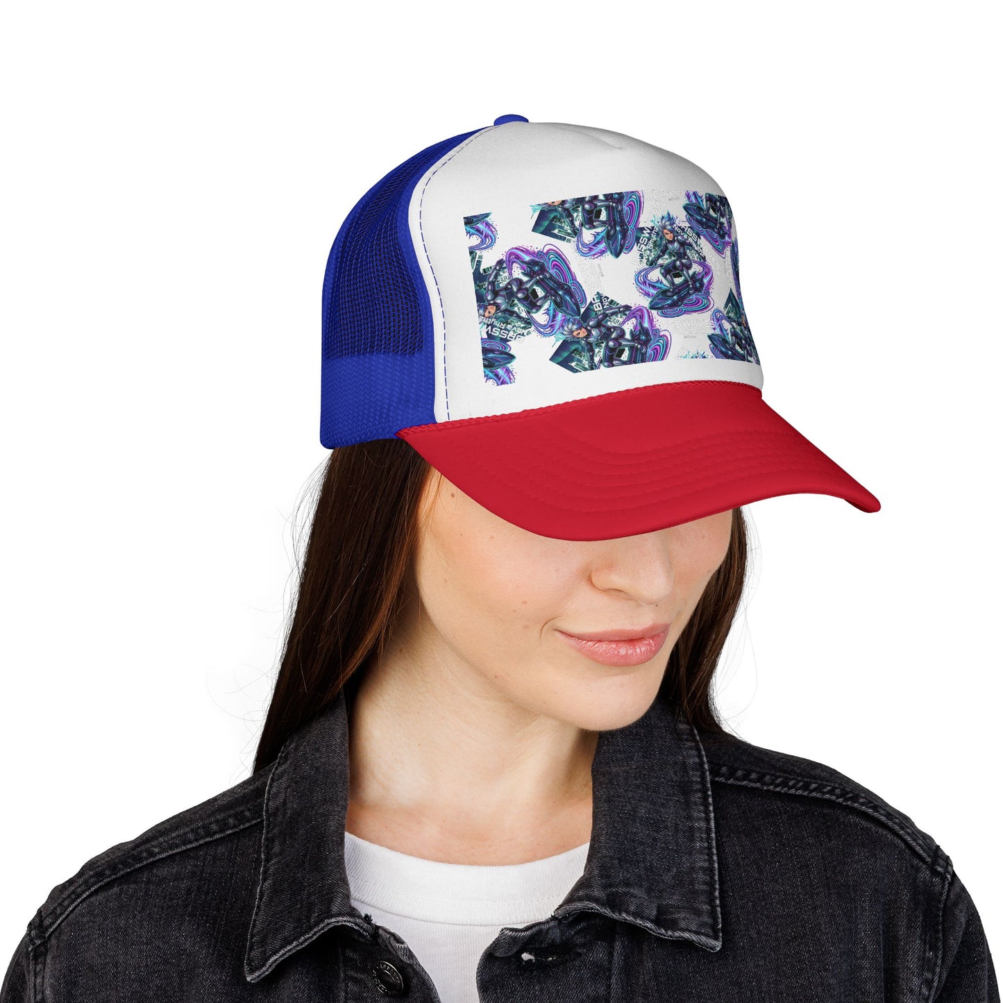 Abstract Amethyst Crystal Trucker Cap — Violet Geode Pattern Mesh Hat