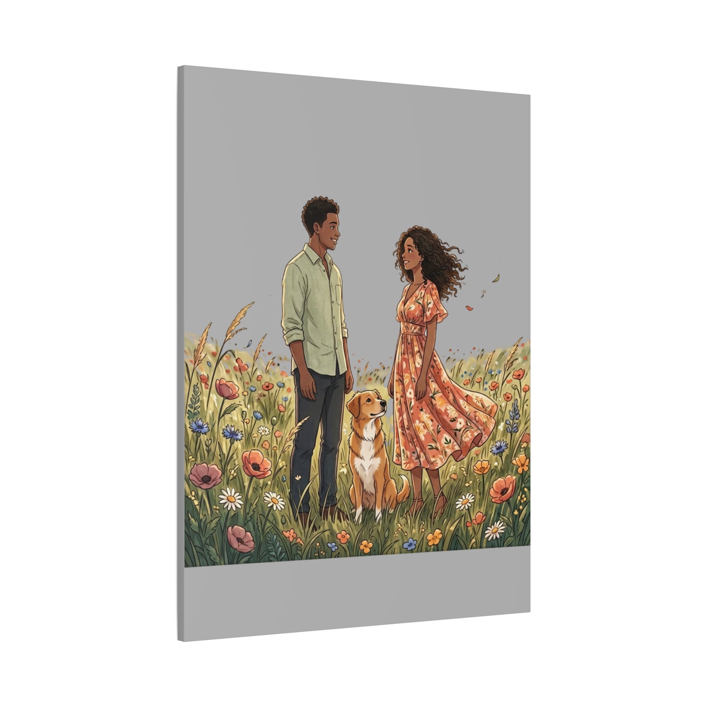 Romantic Couple in Wildflower Field Canvas Art — Black Love Wall Decor with Dog