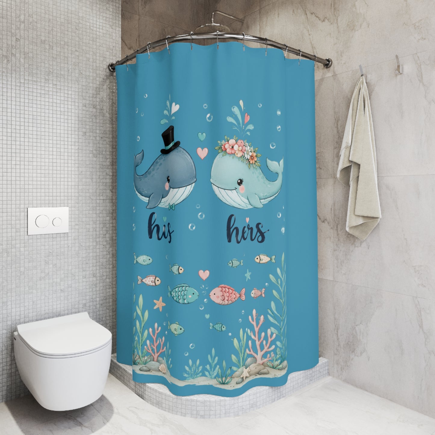 His & Hers Whale Shower Curtain – Cute Nautical Bathroom Decor for Couples