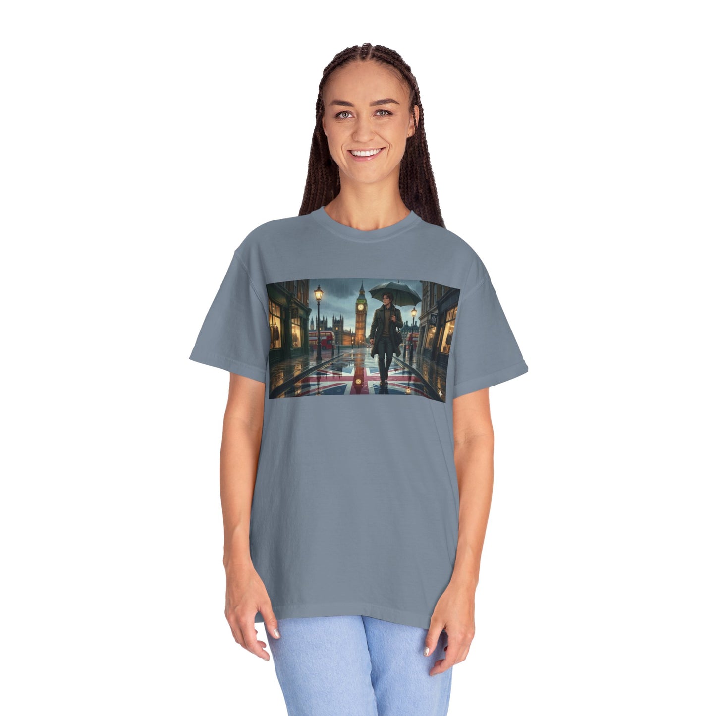 T-Shirt — Rainy London Street Scene Graphic Tee (Big Ben, Umbrella, Night Cityscape)