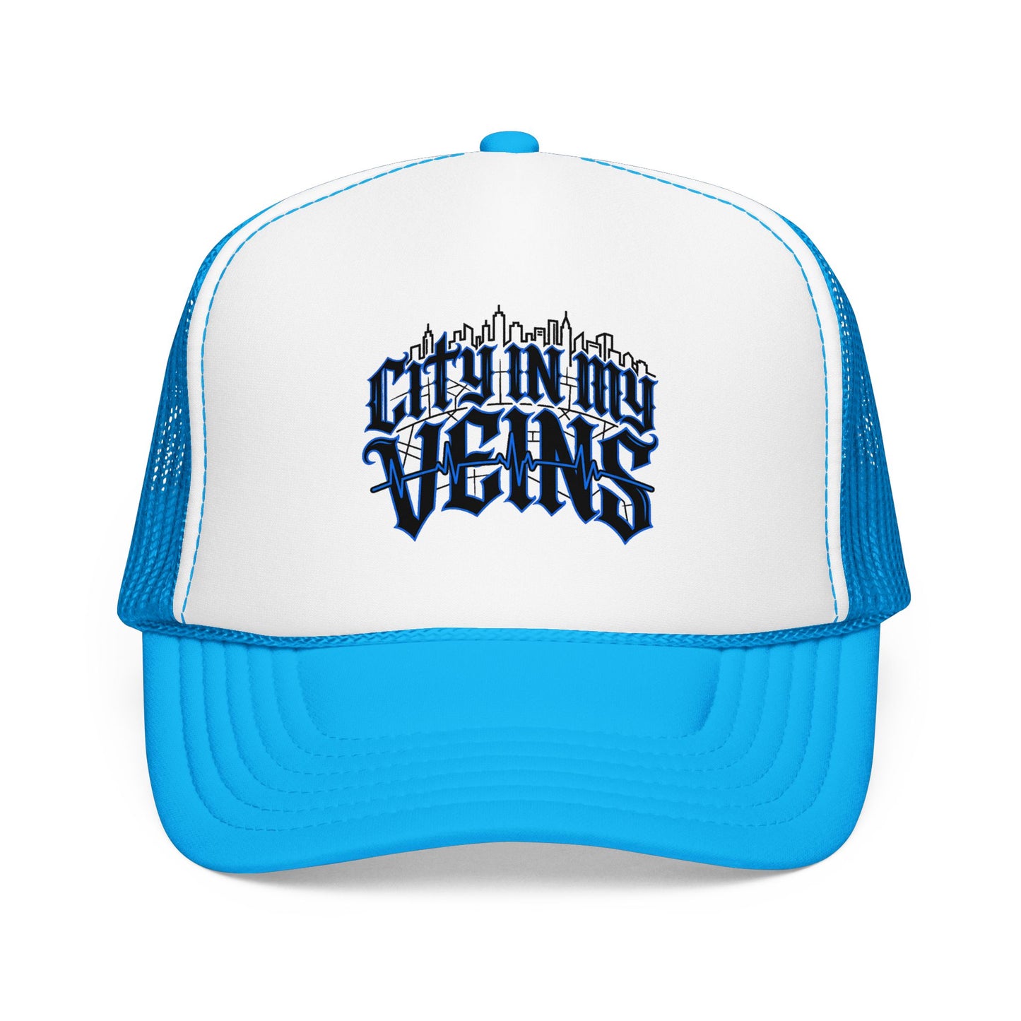 City In My Veins Foam Trucker Hat — Urban Gothic Blue Embroidered Cap