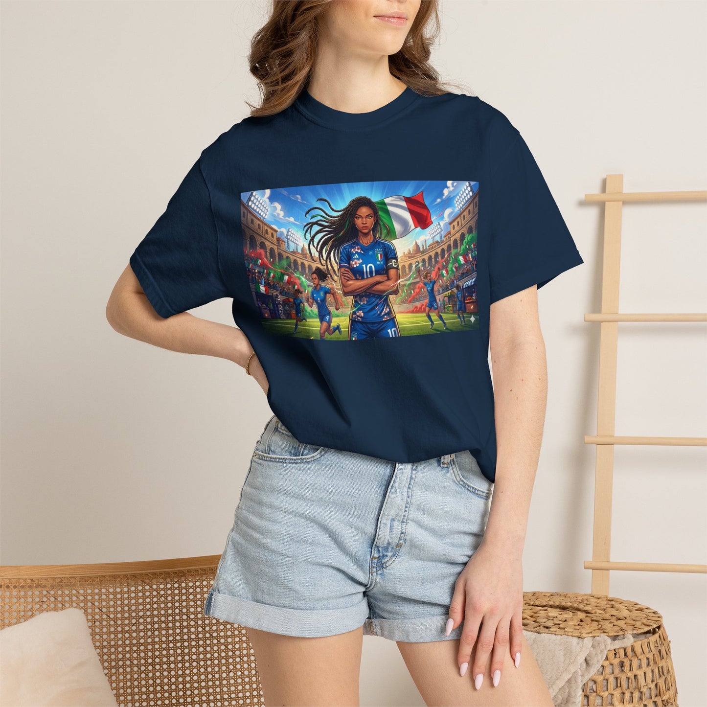 Italian Soccer Fan T‑Shirt – Inspirational Female Player with Italy Flag Stadium Print